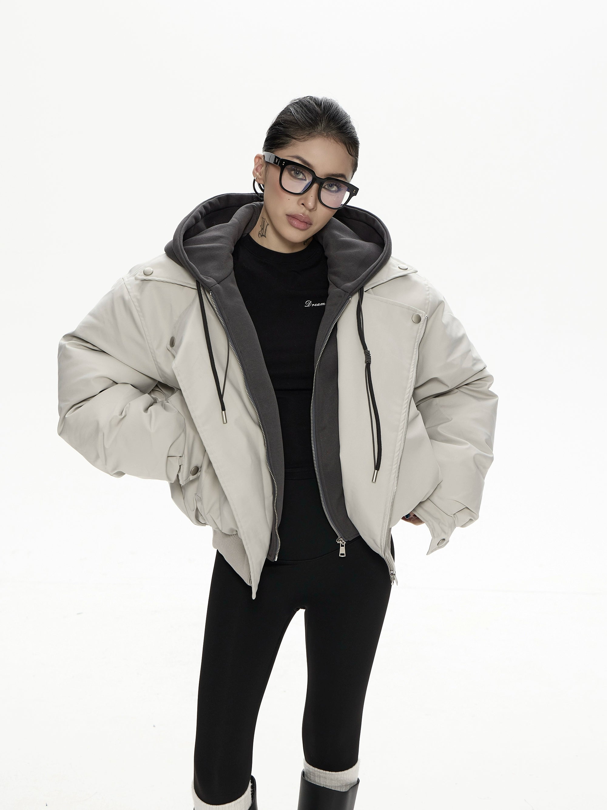 野生zero 假两件夹克棉服女秋冬新款设计感小众连帽宽松棉衣外套