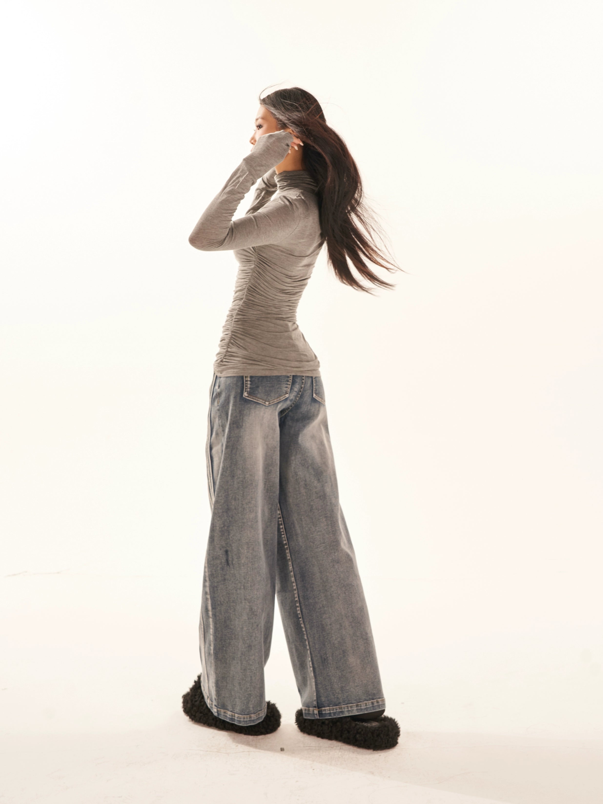 野生zerocircle复古水洗直筒牛仔裤女春季设计感显瘦宽松阔腿裤子