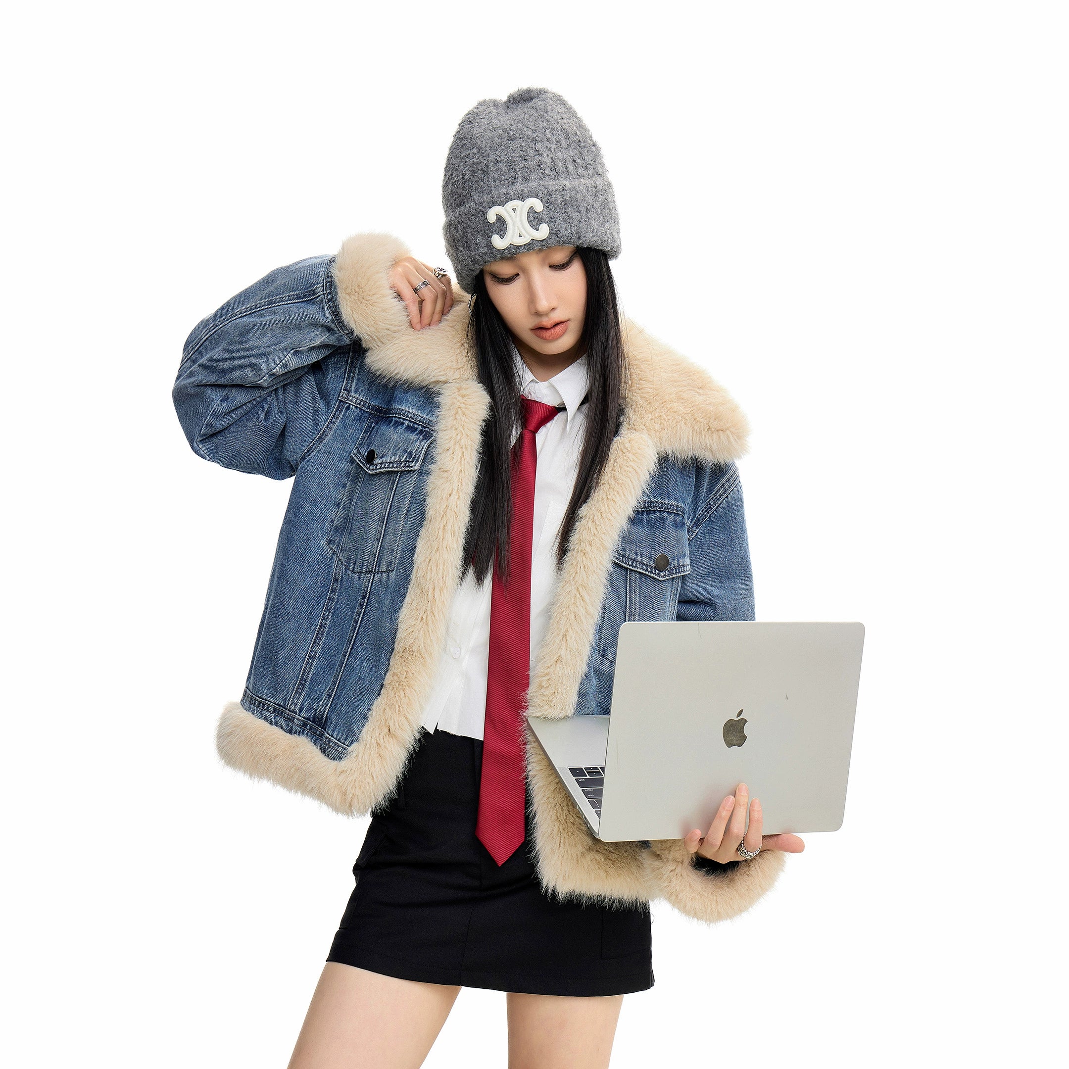 ICH MODE 美式复古毛领短款牛仔外套女秋冬季小香风夹克棉服上衣