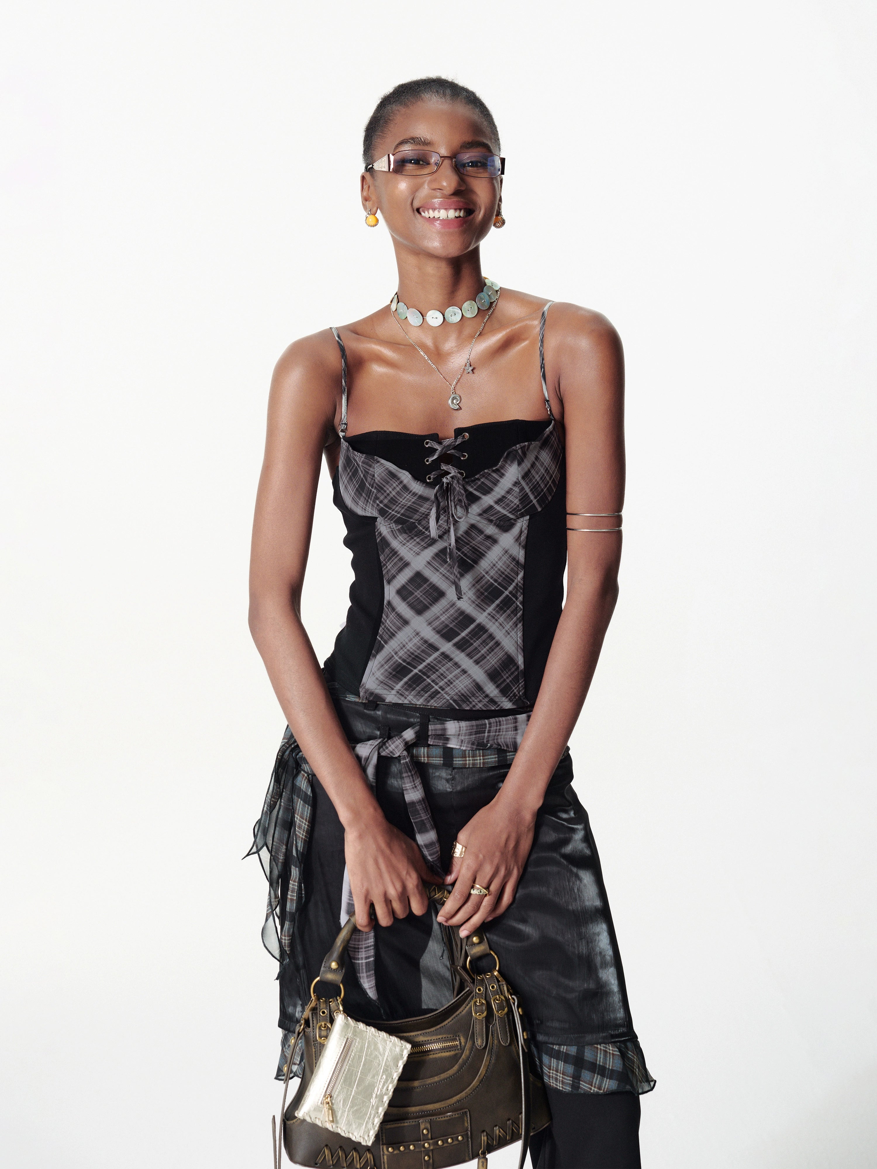 2th Desire复古手工铝丝格纹波点撞色露背绑带吊带背心无袖上衣女