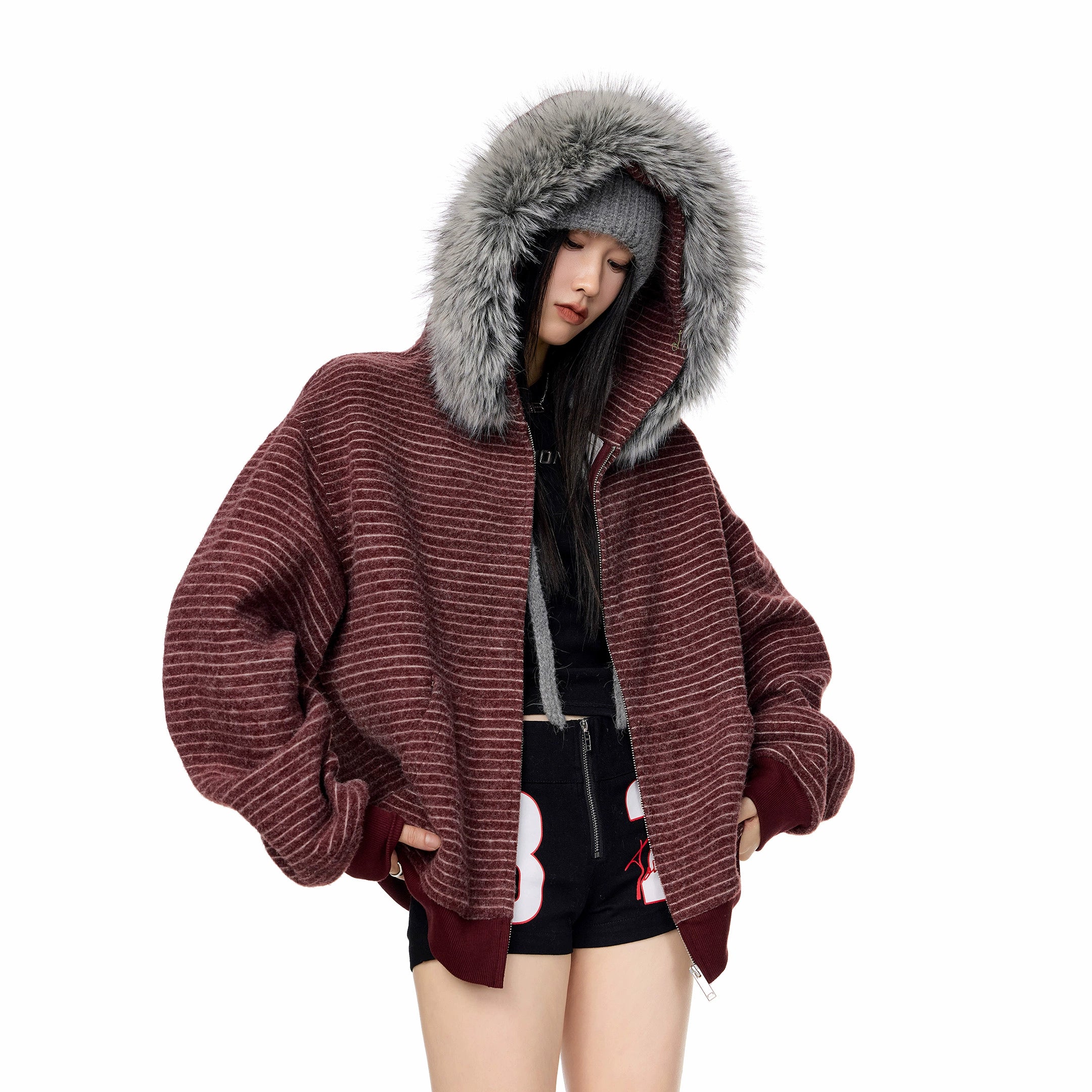 ICH MODE 美式复古条纹毛领连帽卫衣外套女秋冬休闲宽松开衫上衣