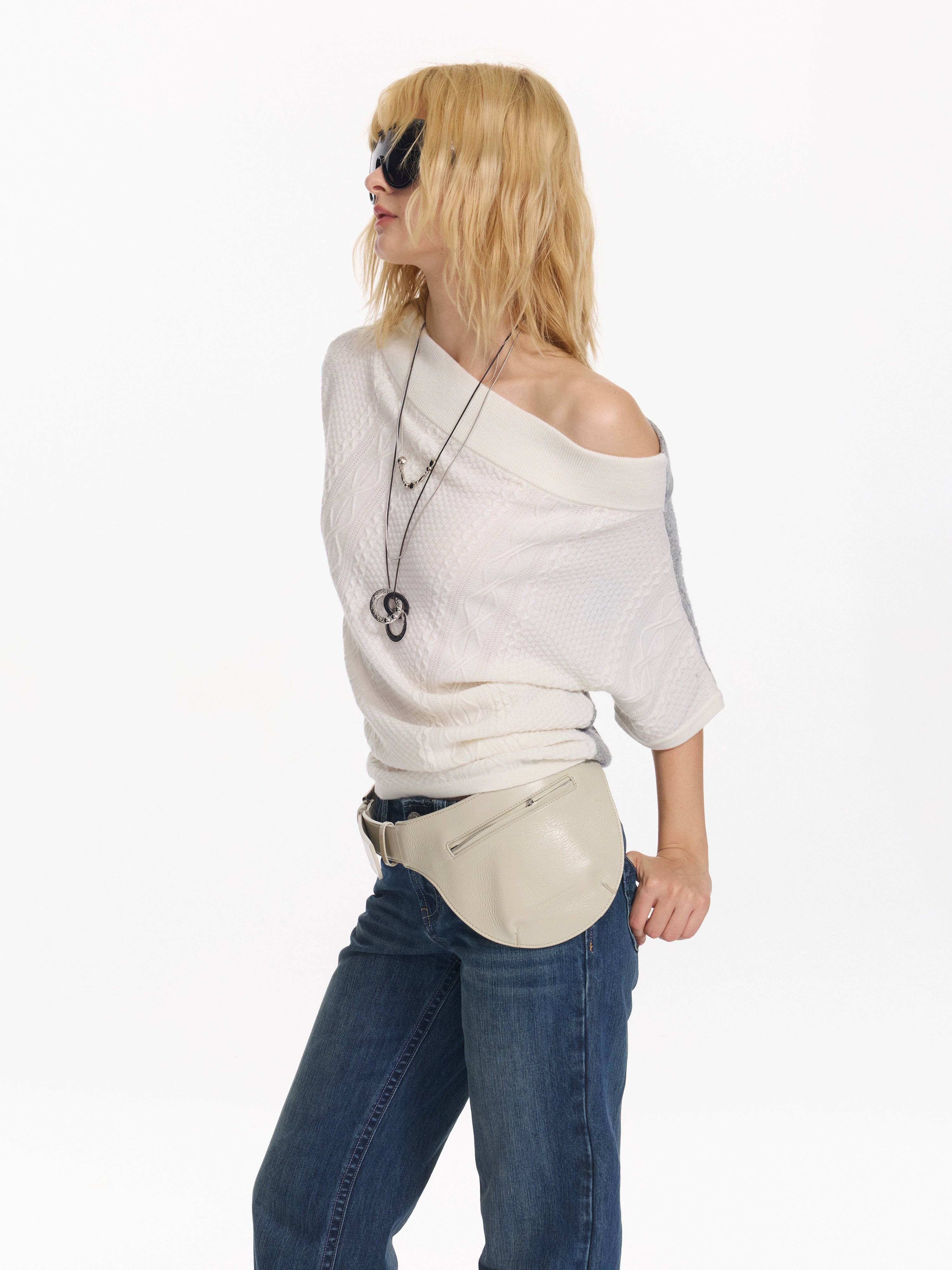 2th Desire 撞色斜肩宽松蝙蝠袖绞花设计感小众短袖外穿毛针织衫