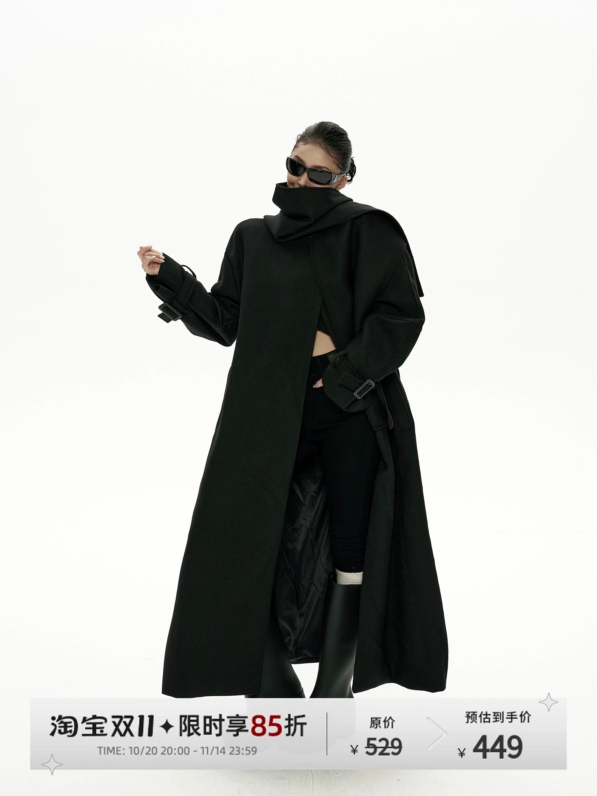 野生zero黑色长款廓形毛呢外套女秋冬2025新款高级感宽松风衣大衣