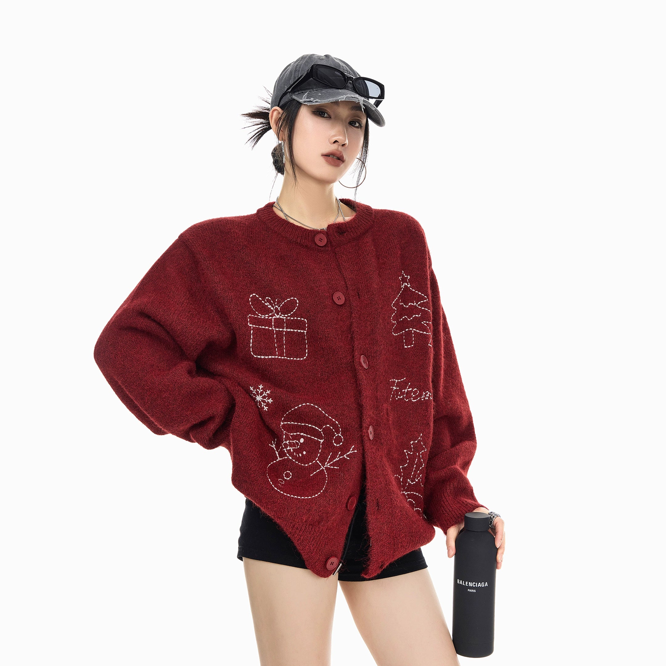 ICH MODE 美式复古圣诞针织毛衣开衫女2025新款秋冬休闲毛衣外套