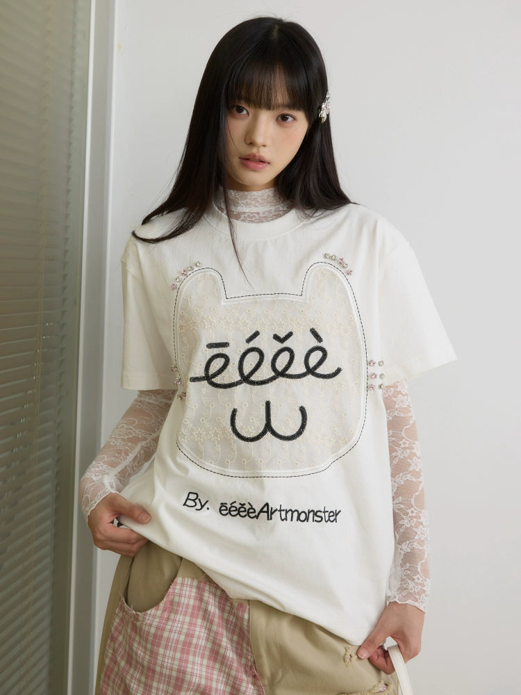 “芭蕾猫咪”|eeee原创设计感蕾丝贴布绣T恤搞怪钻石猫咪短袖夏