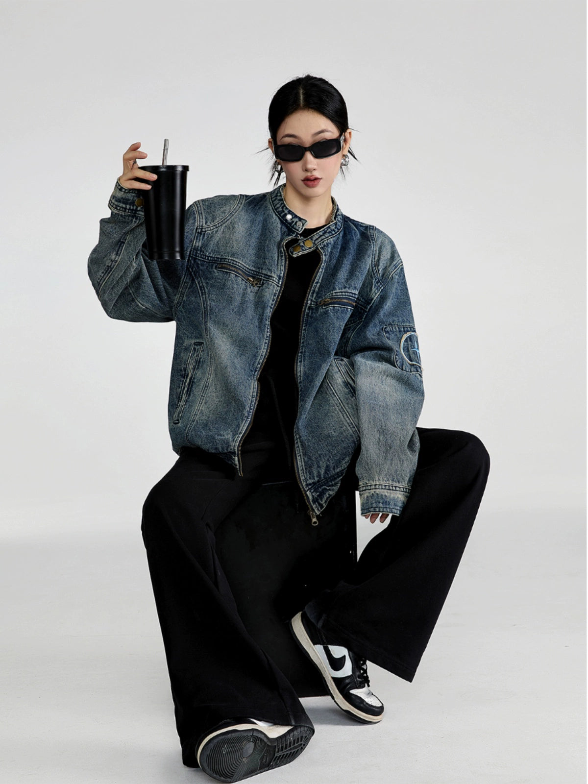 ICH MODE 美式复古做旧水洗牛仔外套女潮牌高街宽松休闲工装夹克