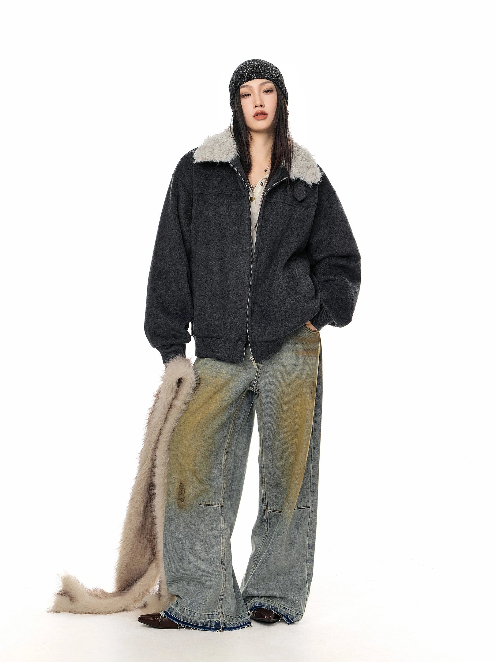 ICH MODE 美式复古毛领翻领棉服女2025新款冬季宽松防寒棉衣外套