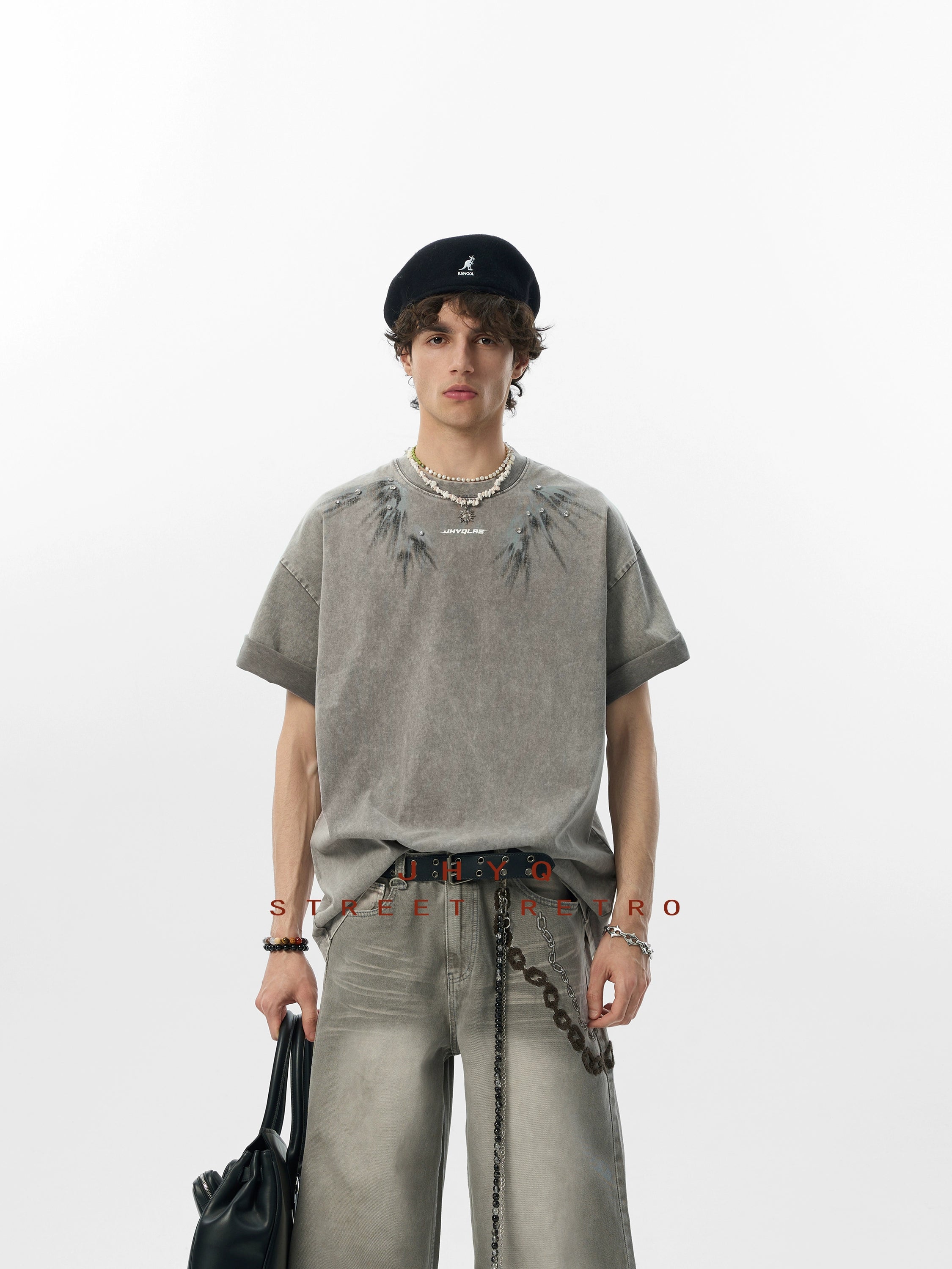 【燕尾】JHYQ美式水洗做旧印花镶钻短袖T恤男宽松重磅圆领上衣夏