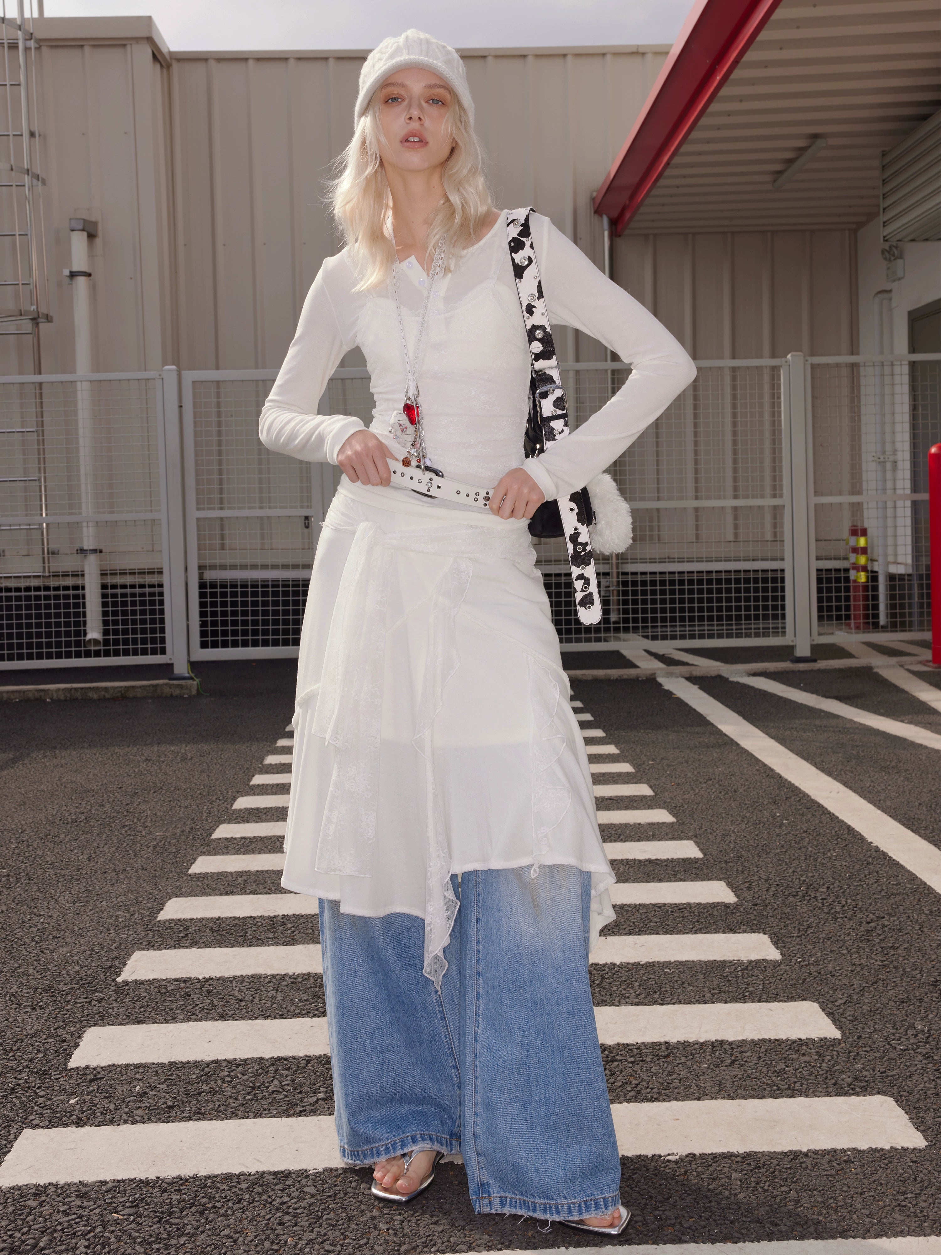 2th Desire羊毛蕾丝拼接绑带垂坠感不规则休闲慵懒显瘦针织半身裙