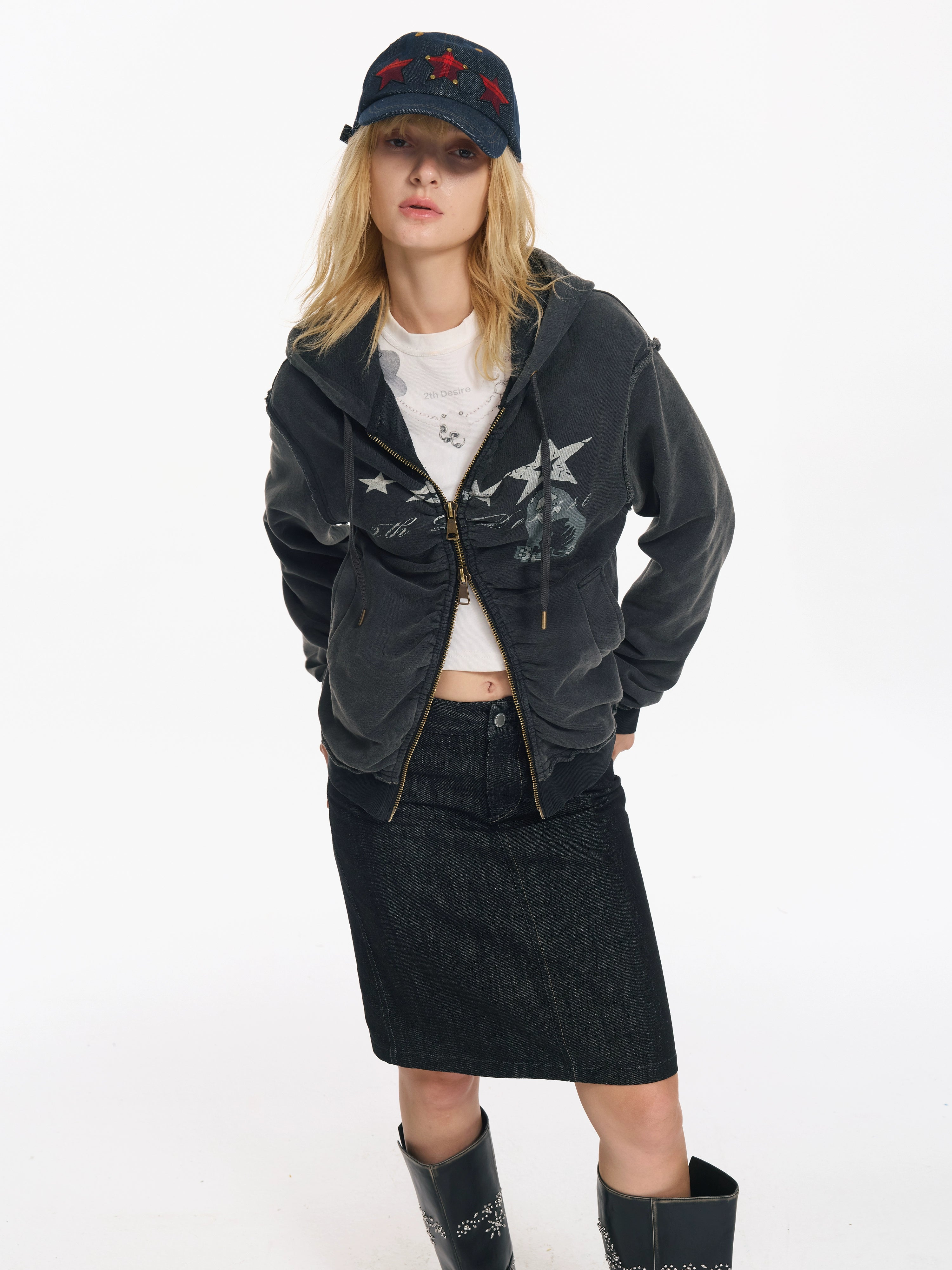 2th Desire美式复古做旧洗褪朋克开衫cleanfit连帽休闲卫衣外套女