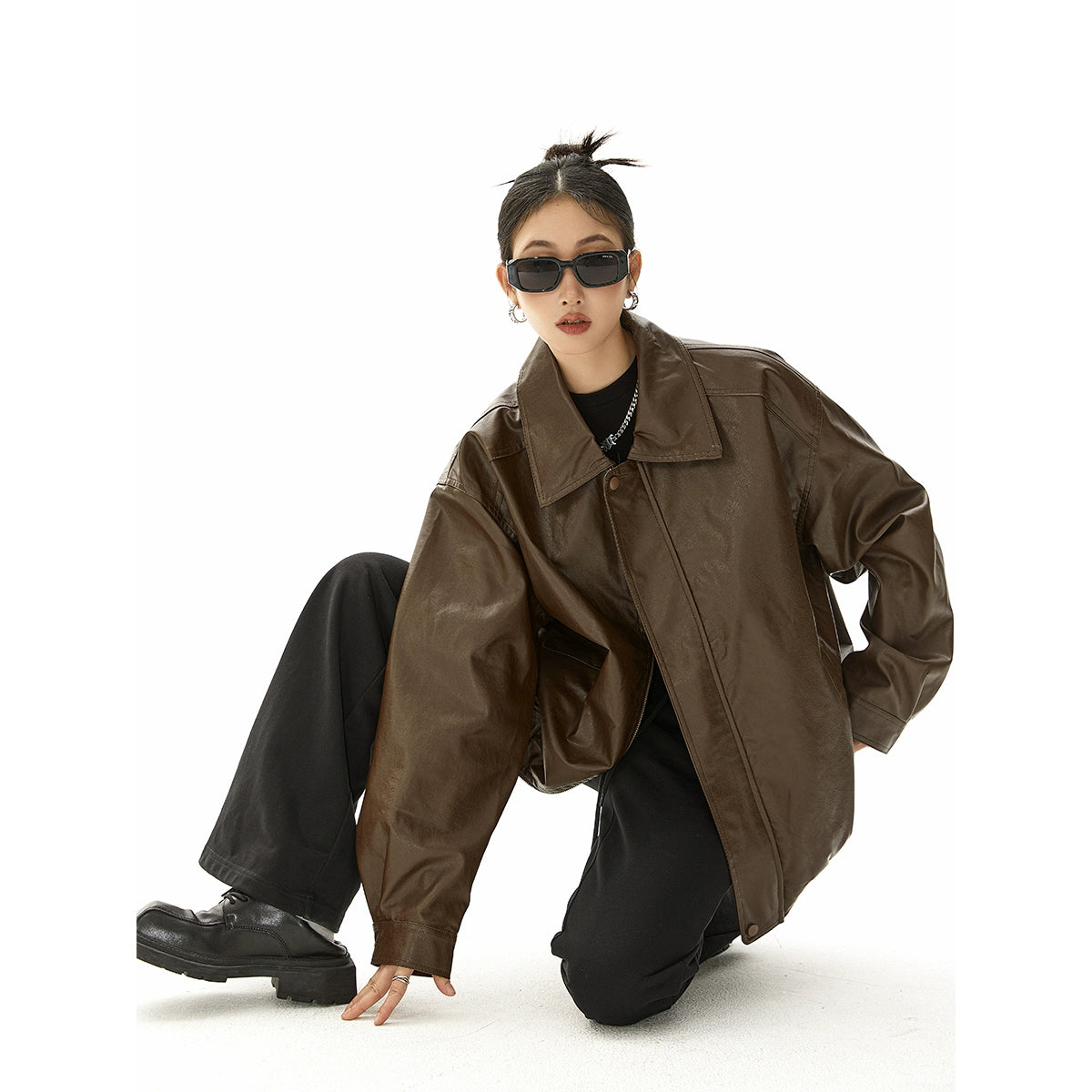 ICH MODE 美式复古棕色皮衣外套女秋冬美拉德皮夹克开衫上衣新款