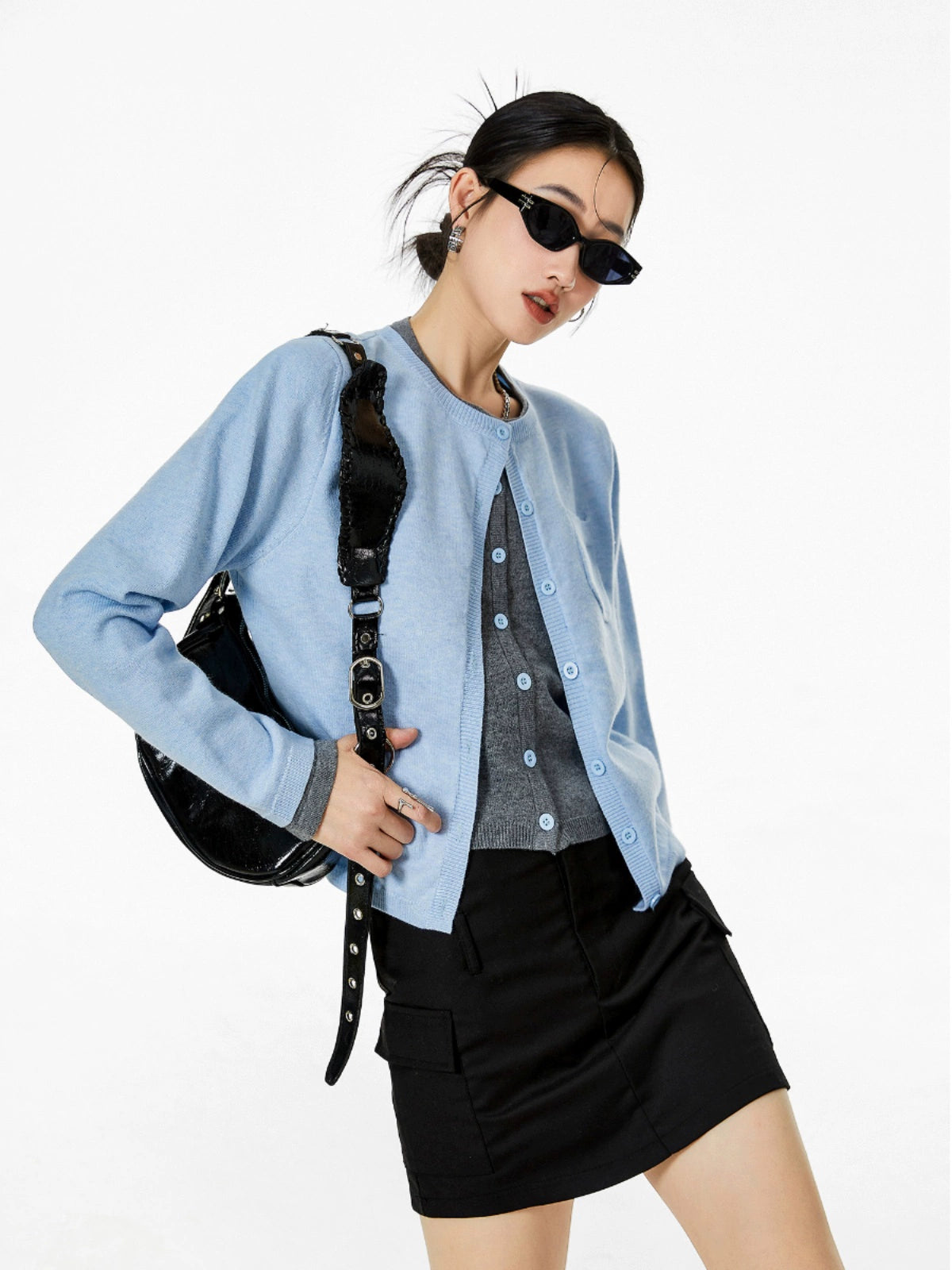 ICH MODE 美式复古假两件针织开衫女秋冬毛衣外套打底衫长袖上衣