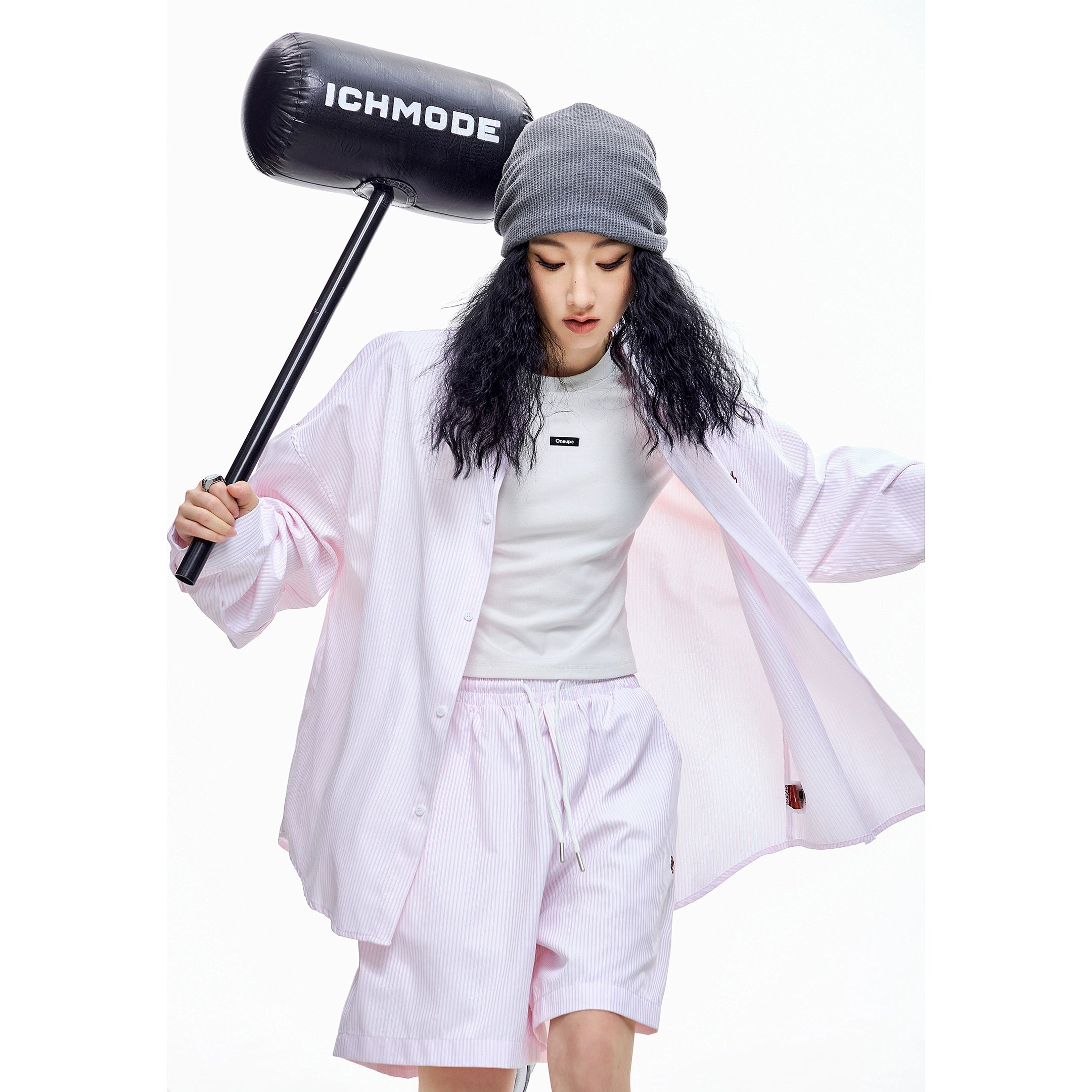 ICH MODE 美式复古条纹蓝色长袖衬衫女秋冬宽松百搭休闲衬衣外套