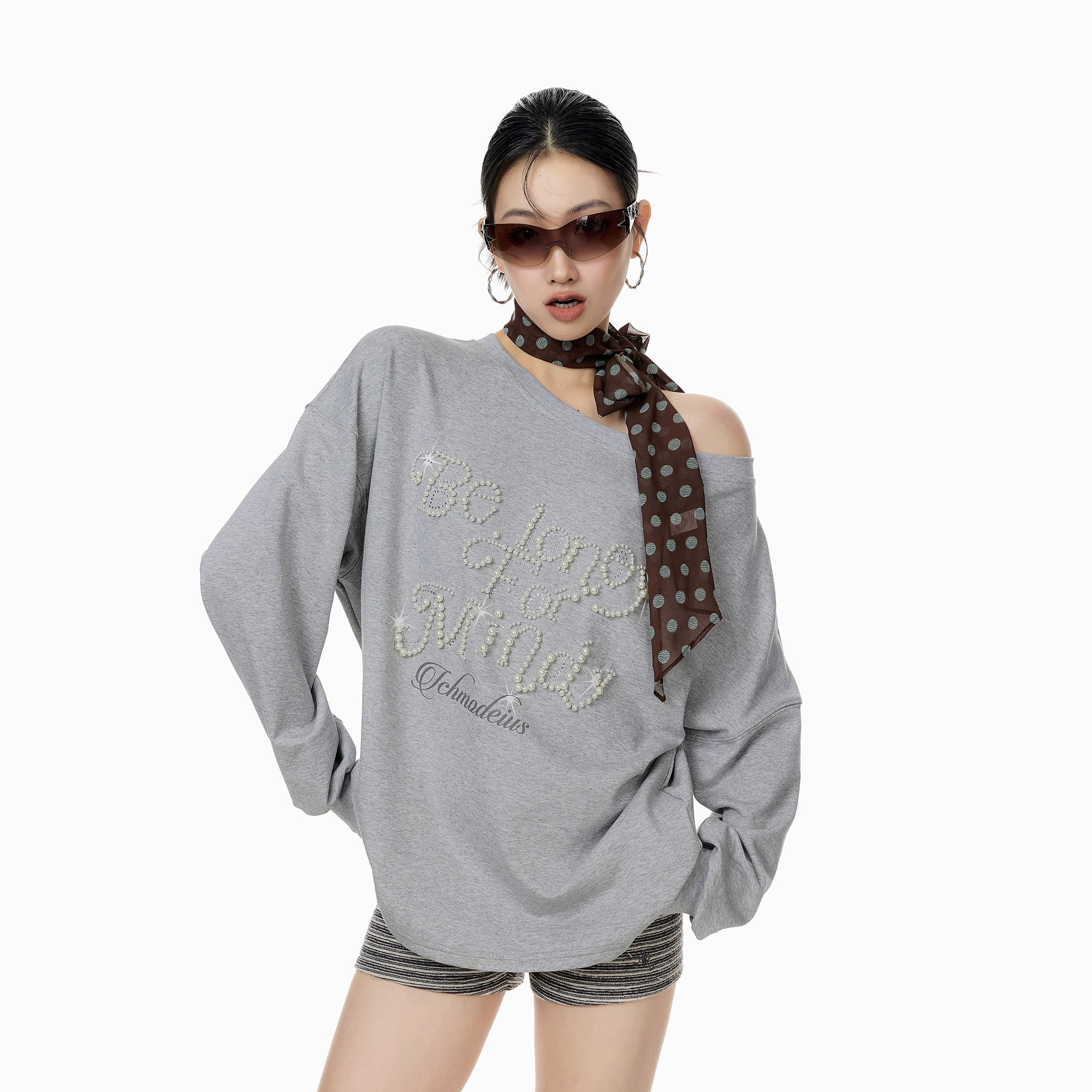 ICH MODE 美式复古珍珠斜肩T恤女2025新款秋冬宽松长袖露肩上衣t