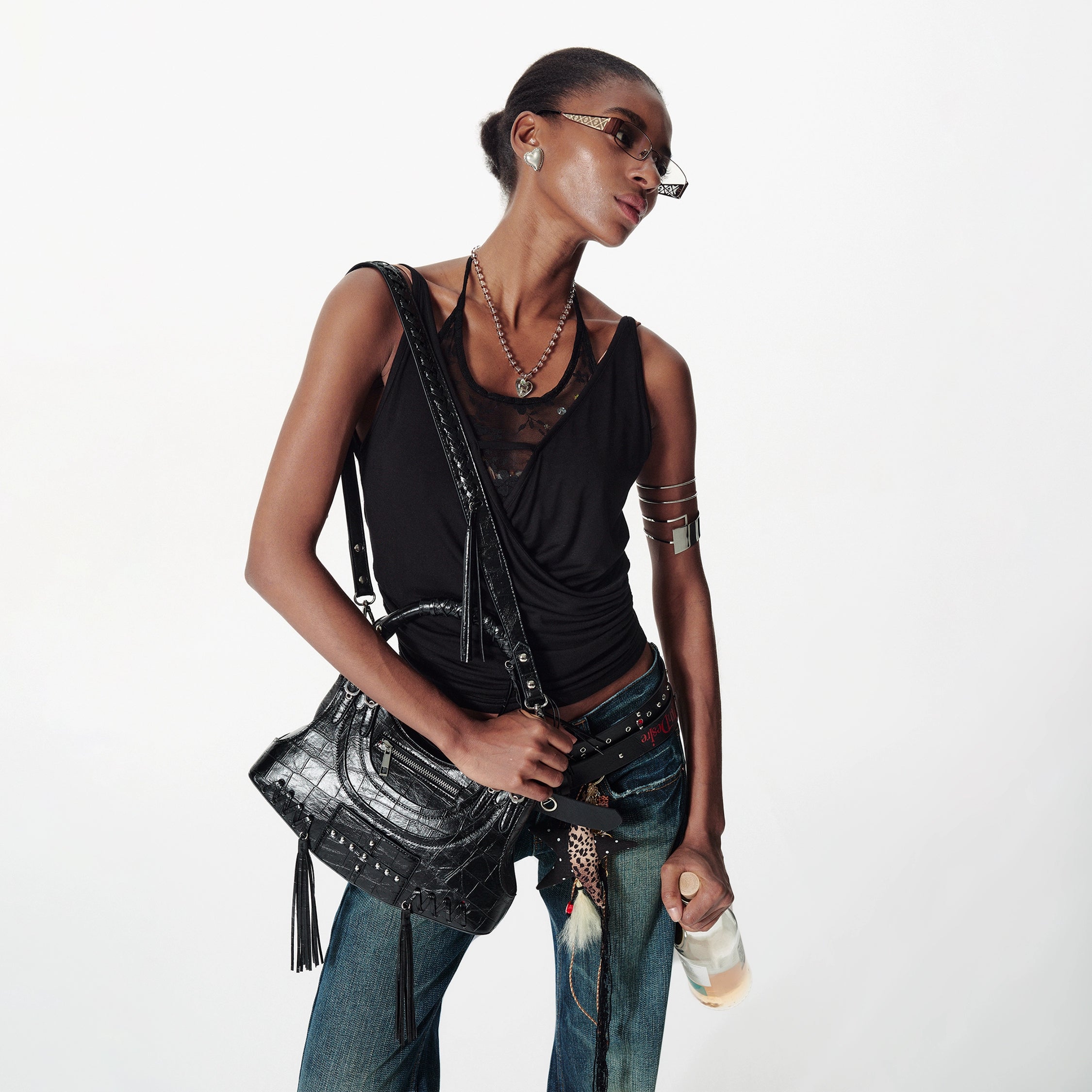 2th Desire重工复古流苏金属铆钉朋克机车包解构斜挎包单肩腋下包