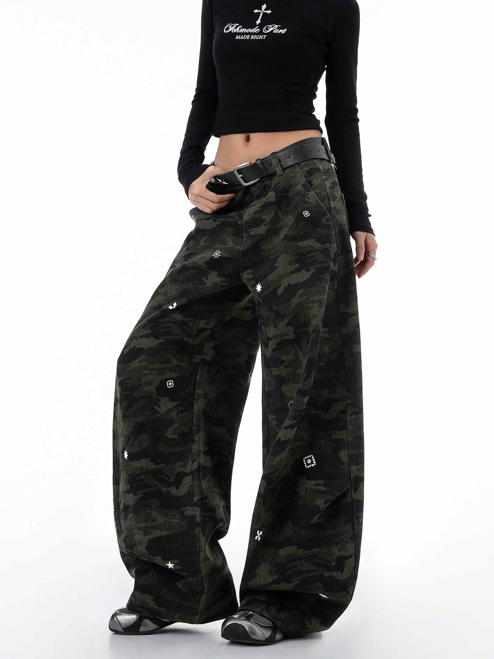 ICH MODE 美式复古星星休闲裤女宽松工装裤迷彩裤直筒阔腿运动裤