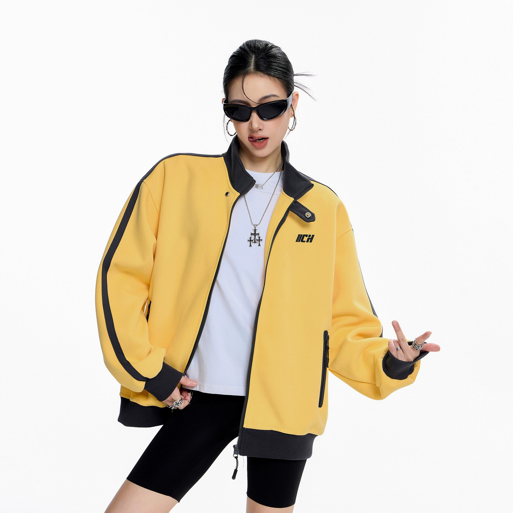 ICH MODE 美式复古撞色立领外套女秋冬新款运动夹克开衫卫衣上衣