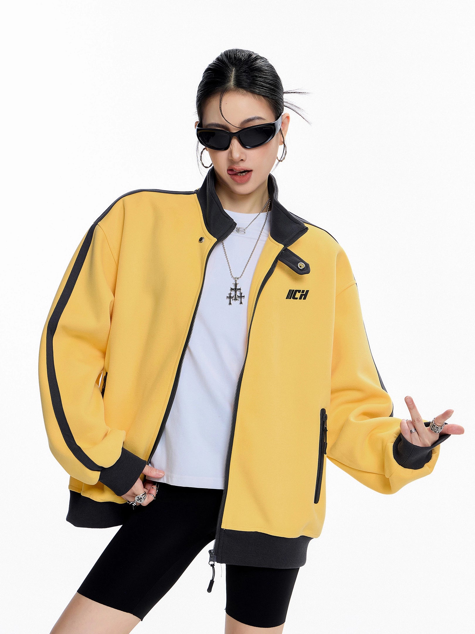 ICH MODE 美式复古撞色立领外套女秋冬新款运动夹克开衫卫衣上衣