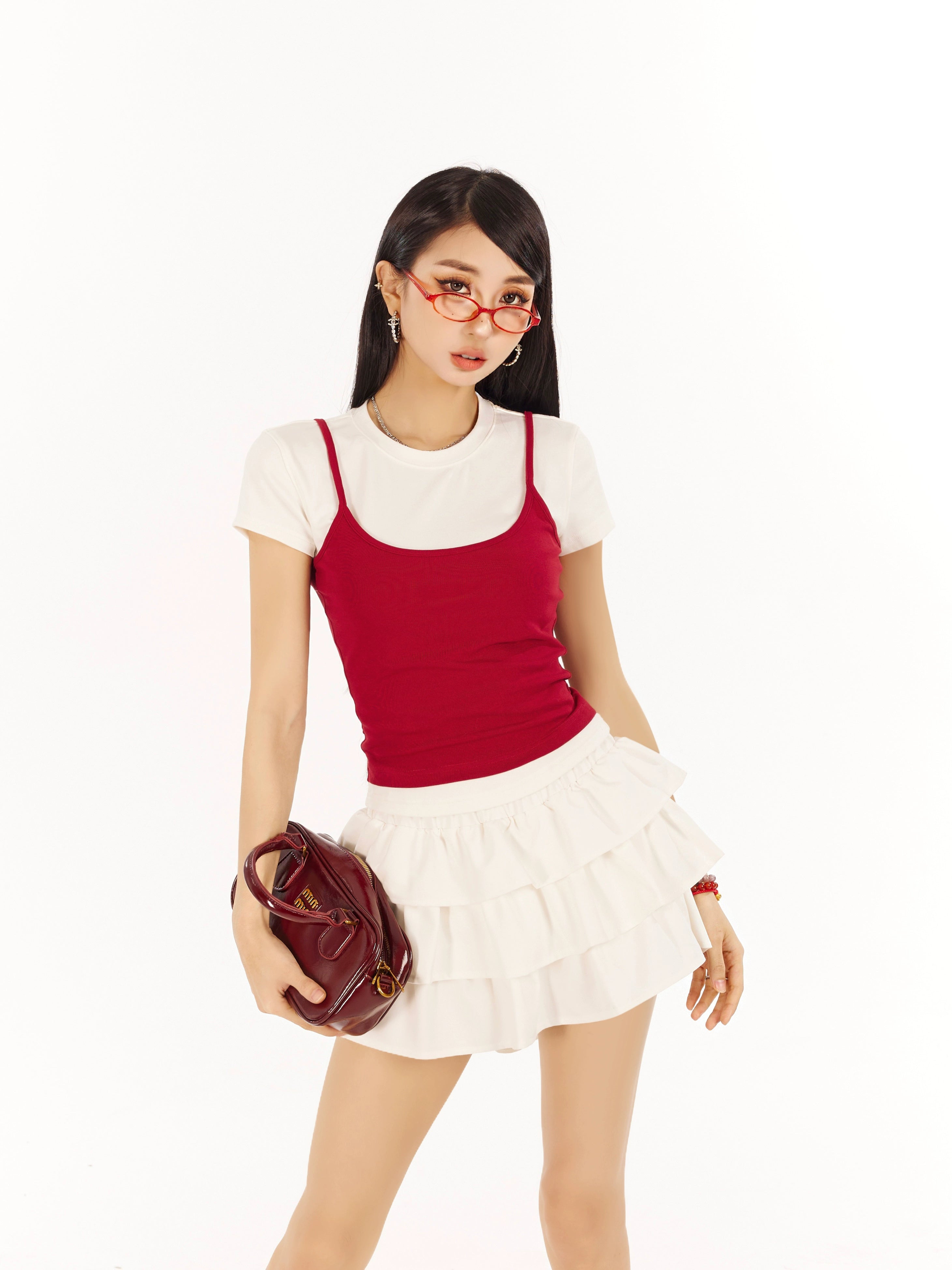 野生zero 撞色正肩短袖t恤女夏辣妹设计感显瘦修身短款假两件上衣