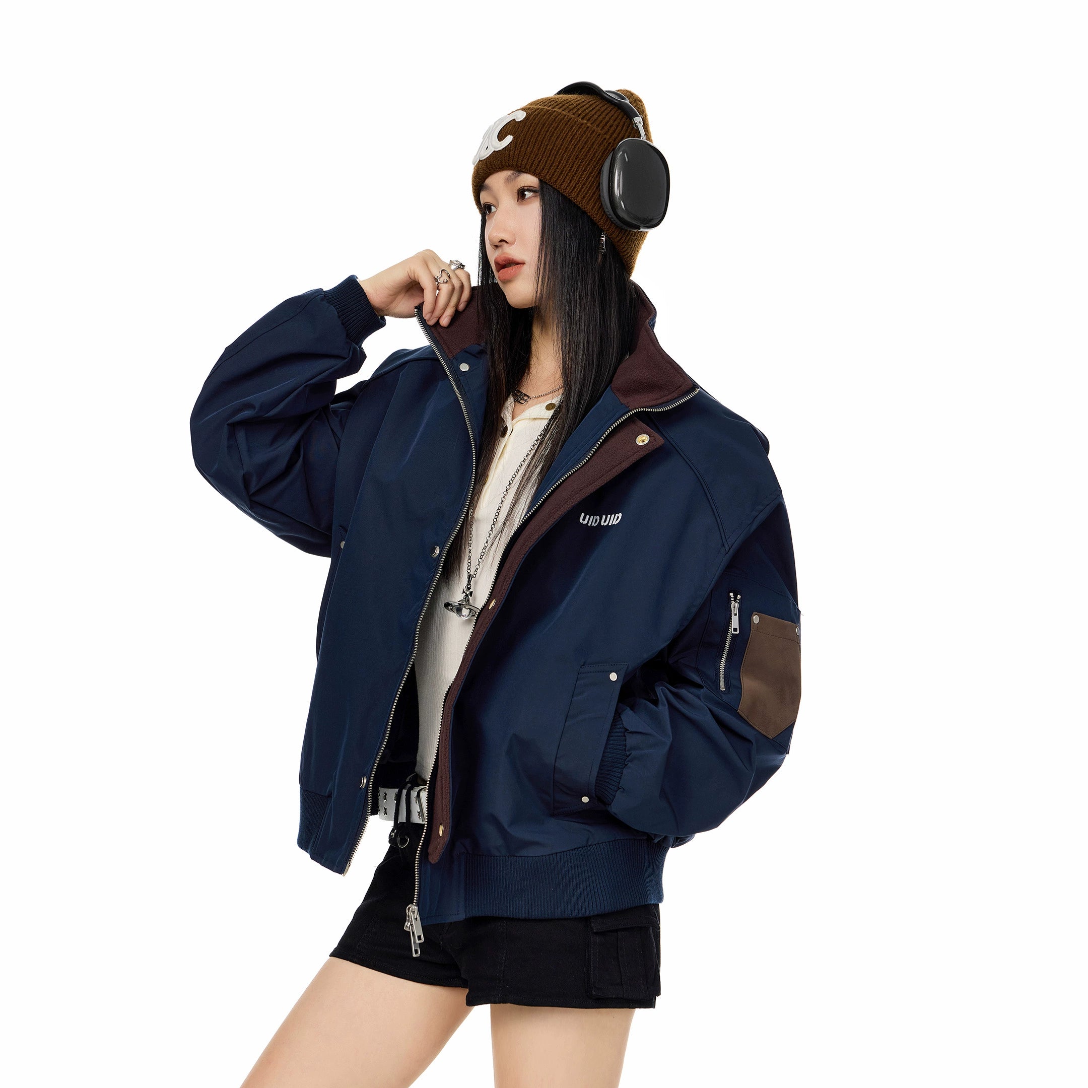 ICH MODE 美式复古撞色立领外套女2025新款秋冬工装夹克休闲上衣