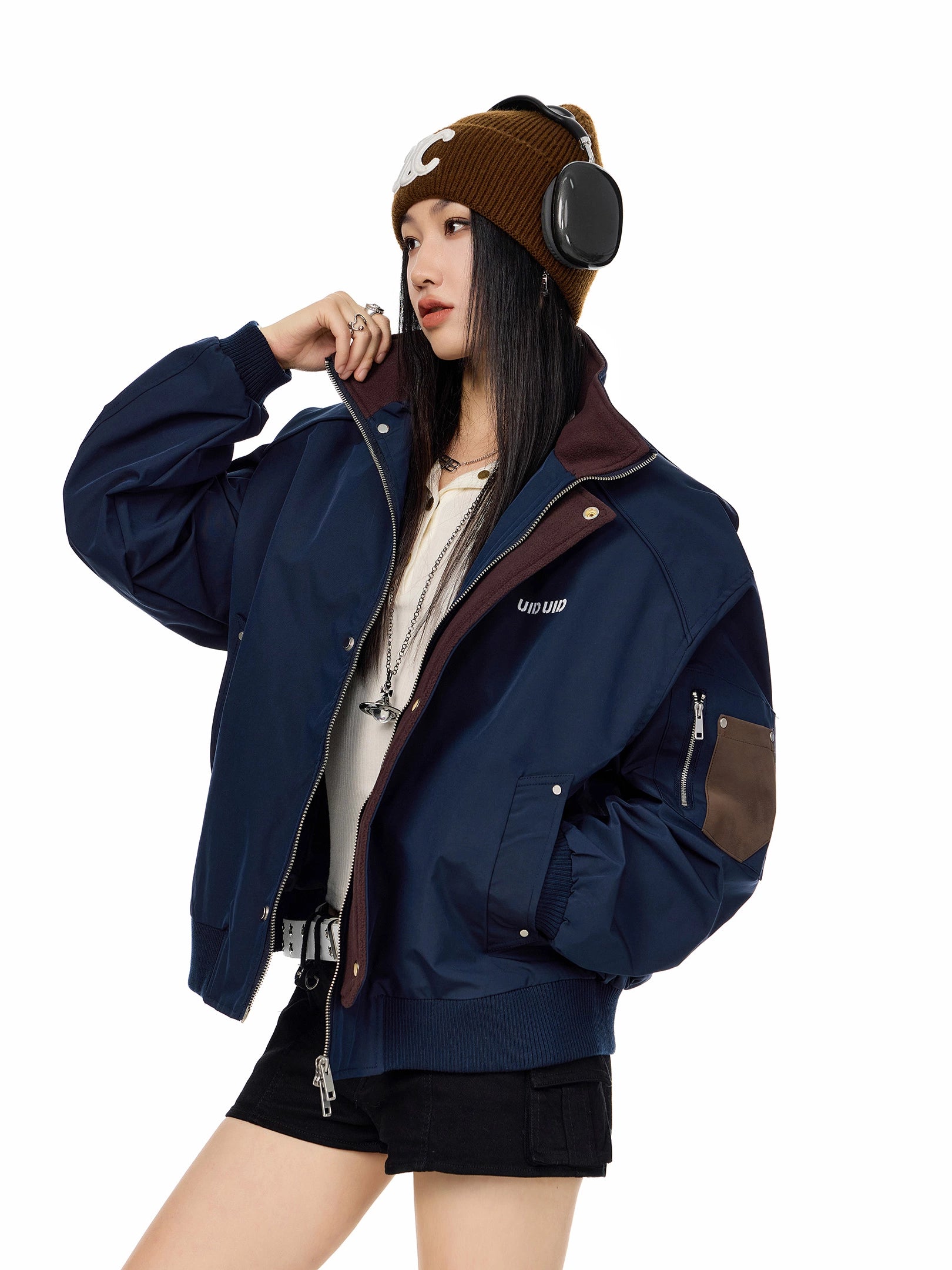 ICH MODE 美式复古撞色立领外套女2025新款秋冬工装夹克休闲上衣