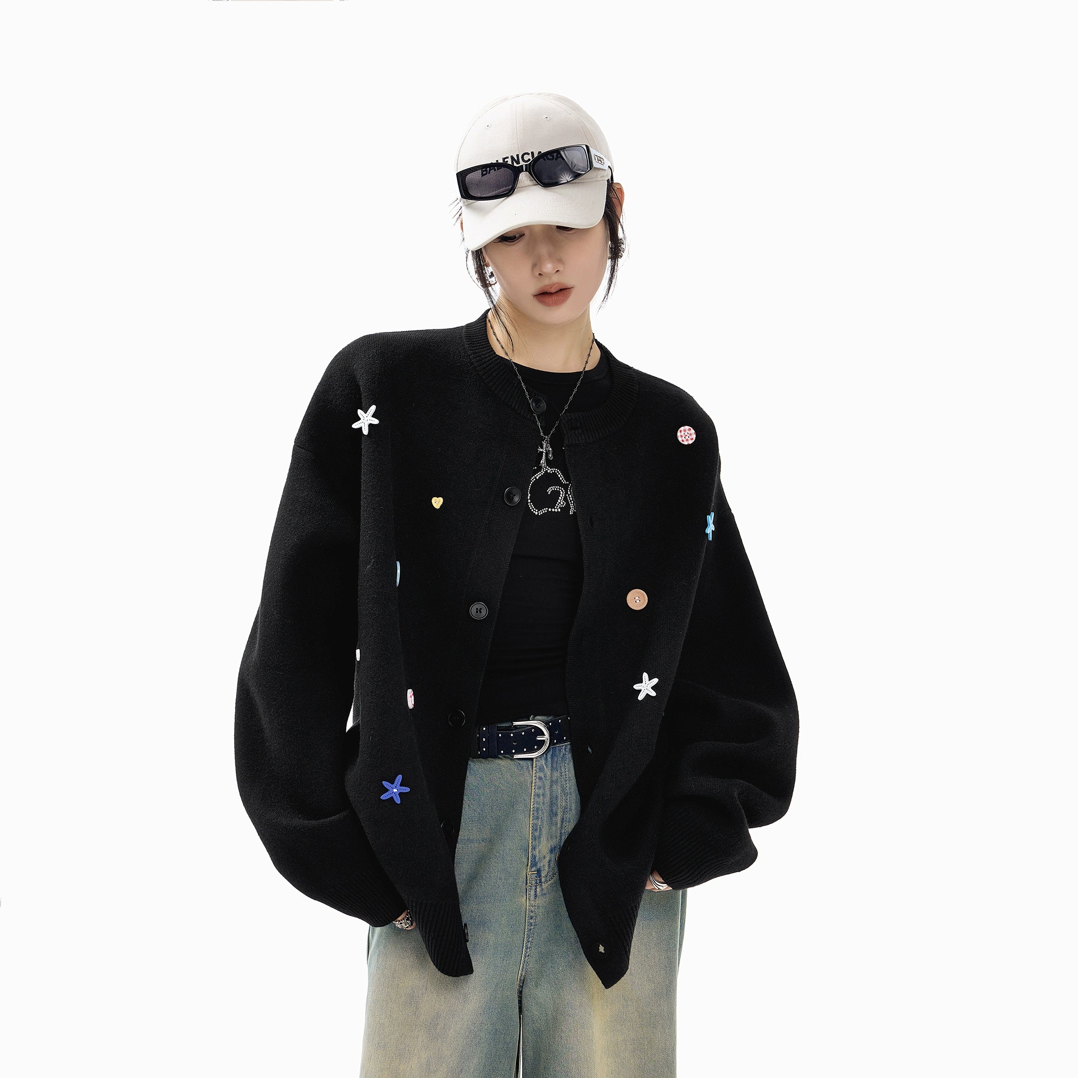 ICH MODE 美式复古海星纽扣针织开衫女秋冬季慵懒氛围感毛衣外套