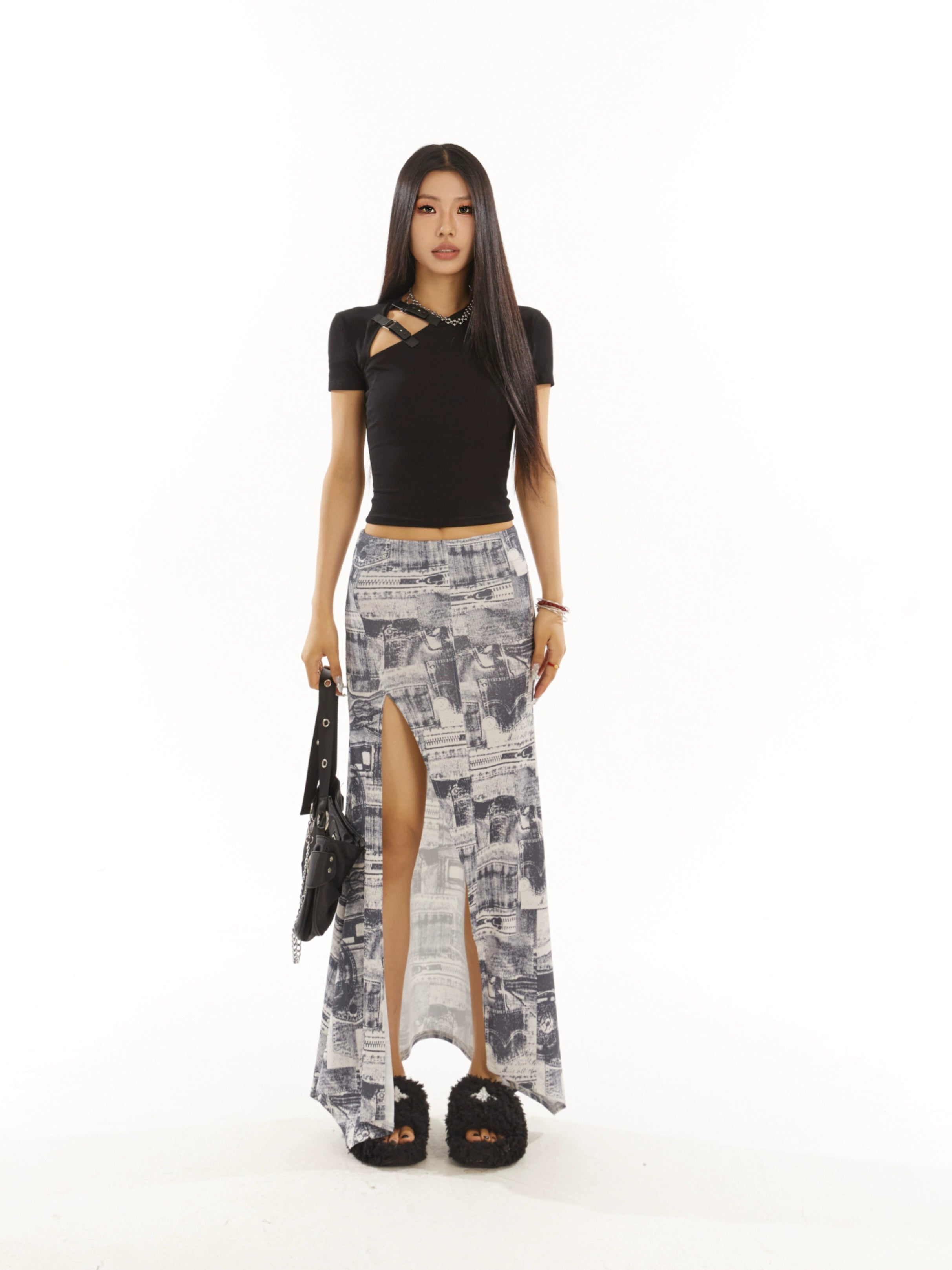 野生zero 印花开叉长裙女夏季低腰a字显瘦设计感小众辣妹鱼尾裙子