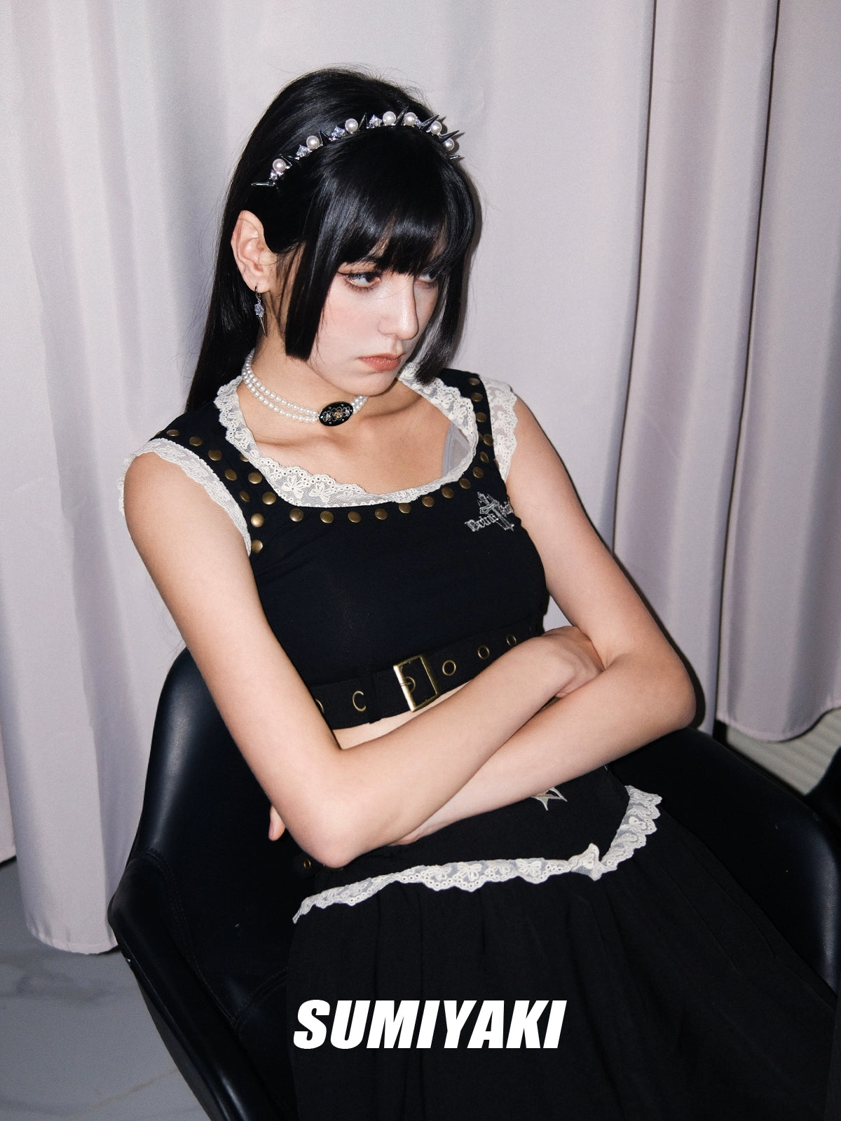 刚柔并济!SUMIYAKI 在逃公主珍珠铆钉发箍朋克学院风小众发饰女