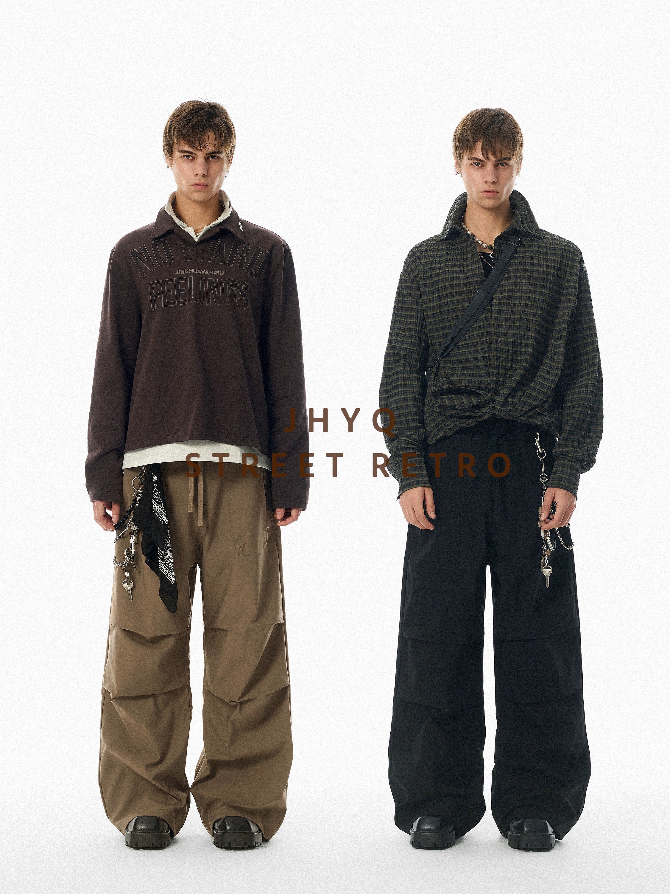 【限时特价】JHYQ春秋美式褶皱伞兵工装裤男潮牌宽松可束脚休闲裤