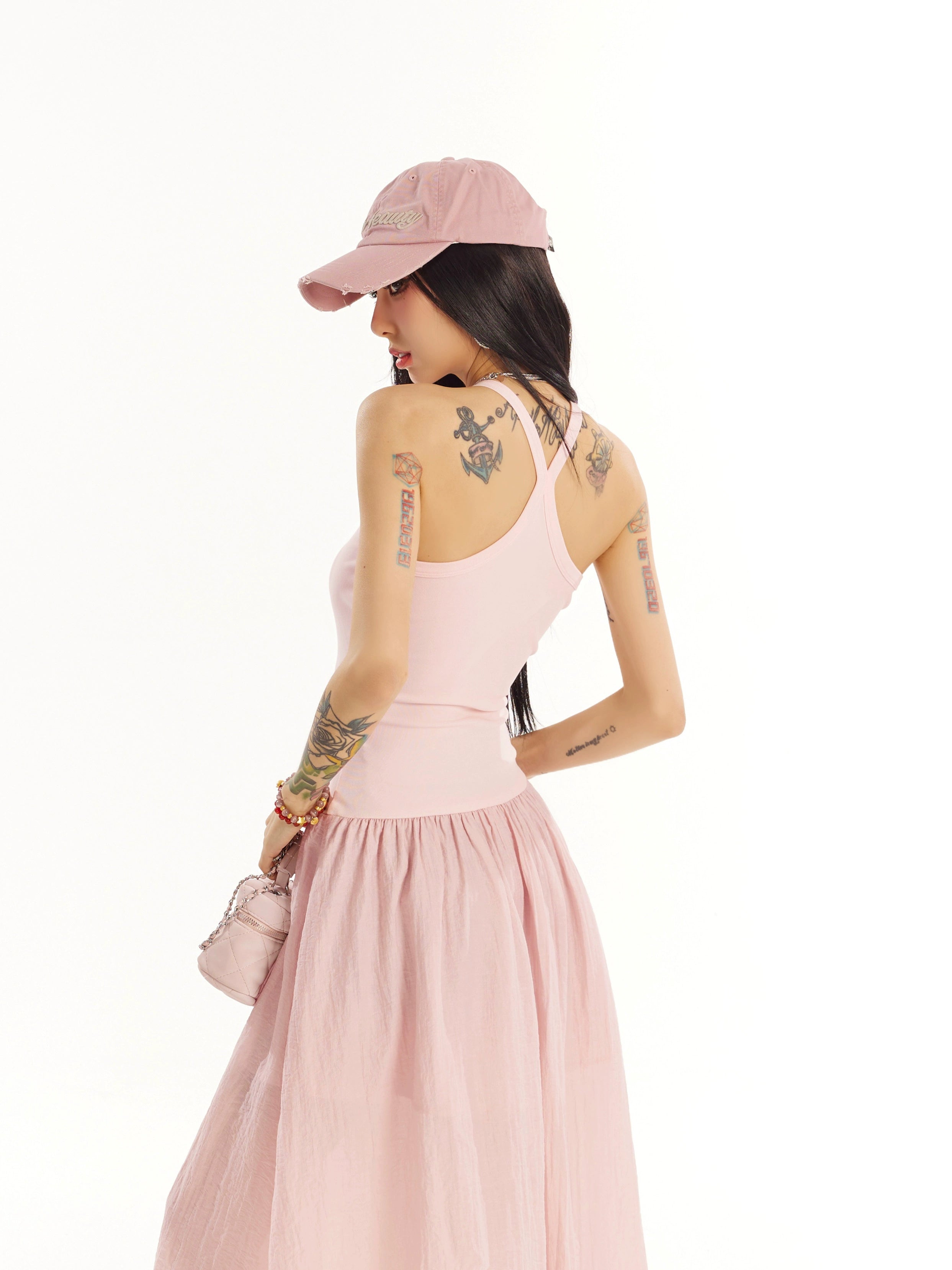 野生zero黑粉色拼接无袖背心连衣裙女春夏季设计感修身显瘦长裙子