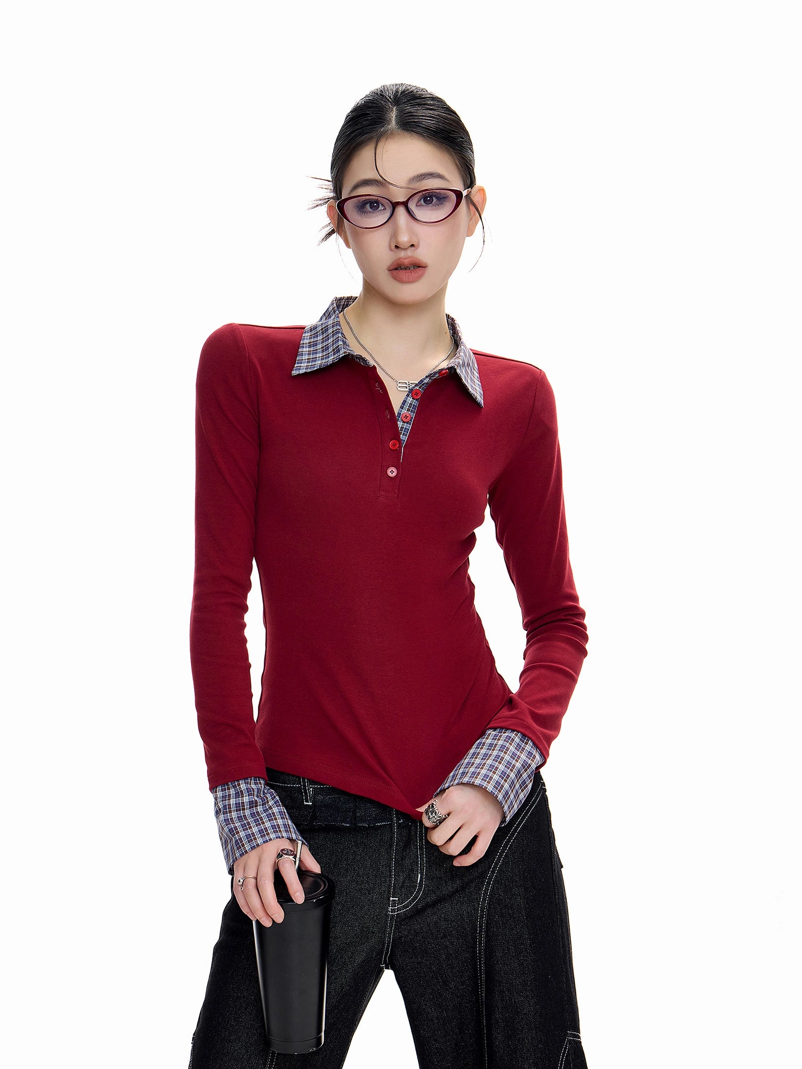 ICH MODE 美式假两件POLO领T恤女秋冬修身长袖格子内搭打底衫上衣