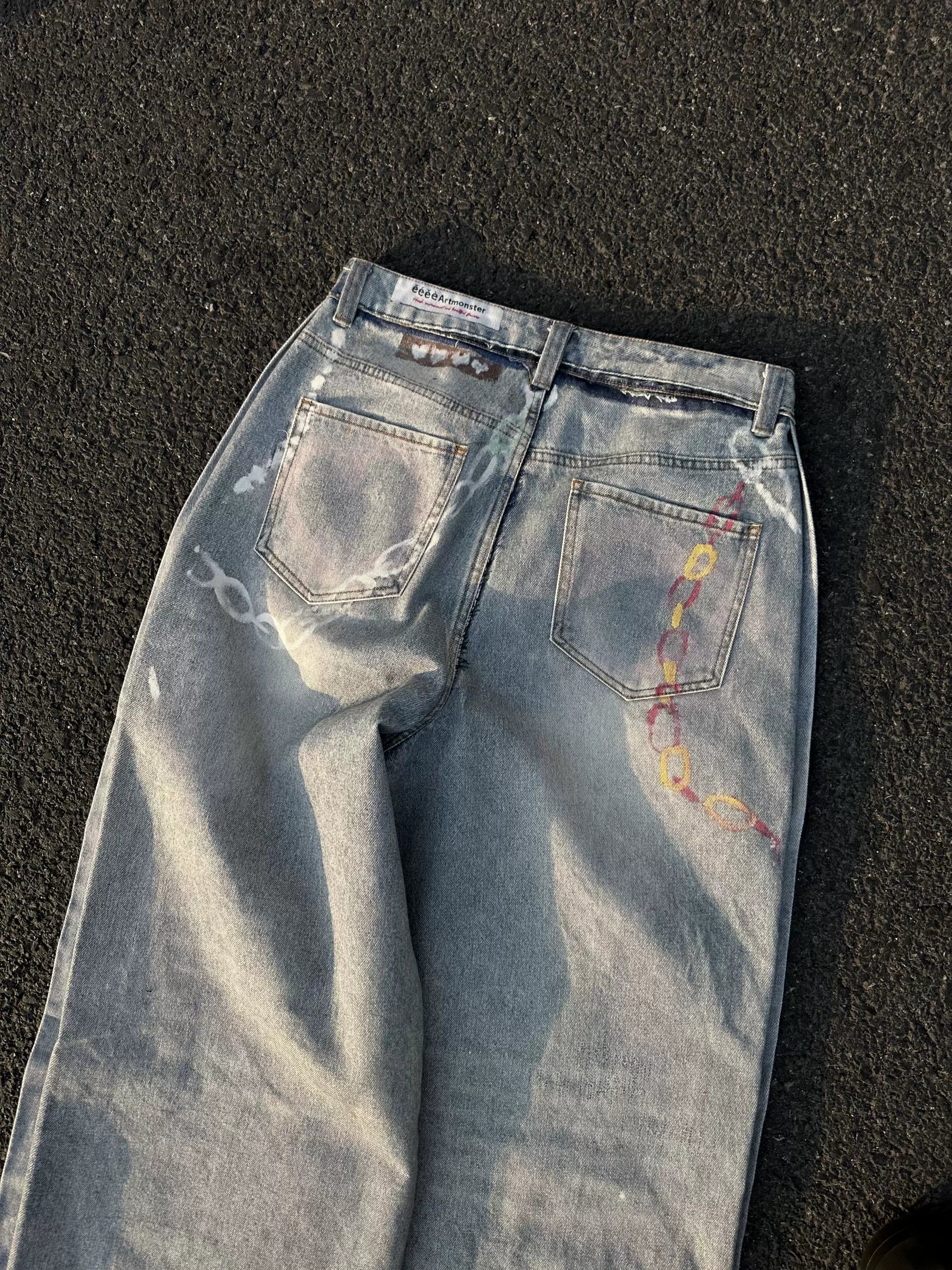 “粉刷匠”| eeee手绘爱心涂鸦重工设计牛仔裤3D破洞印花阔腿裤