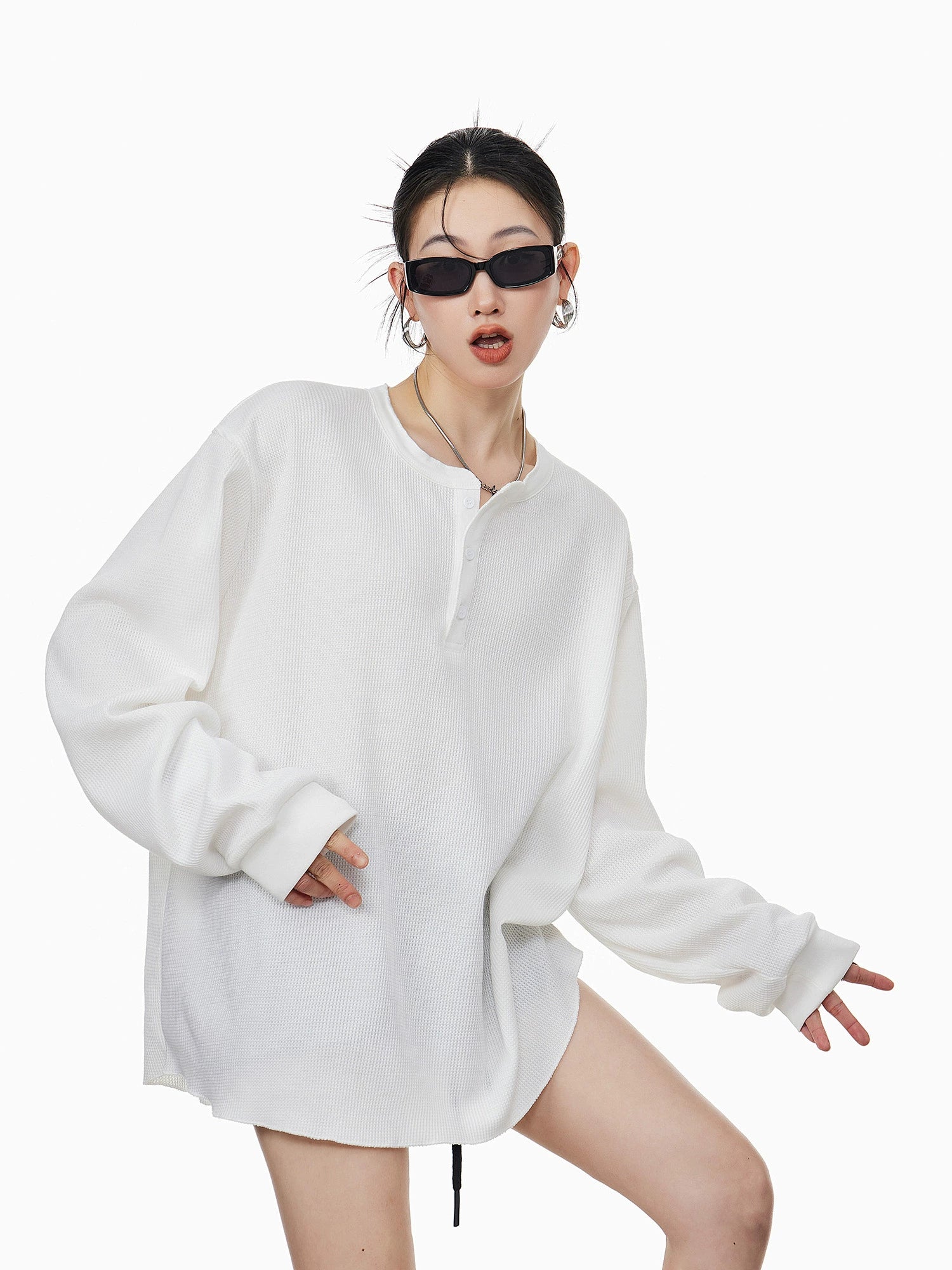 ICH MODE 美式亨利领长袖T恤女2025年夏季新款华夫格宽松休闲罩衫