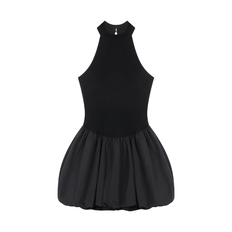 野生zero黑色无袖连衣裙女夏修身显瘦收腰又甜又辣蓬蓬花苞短裙子