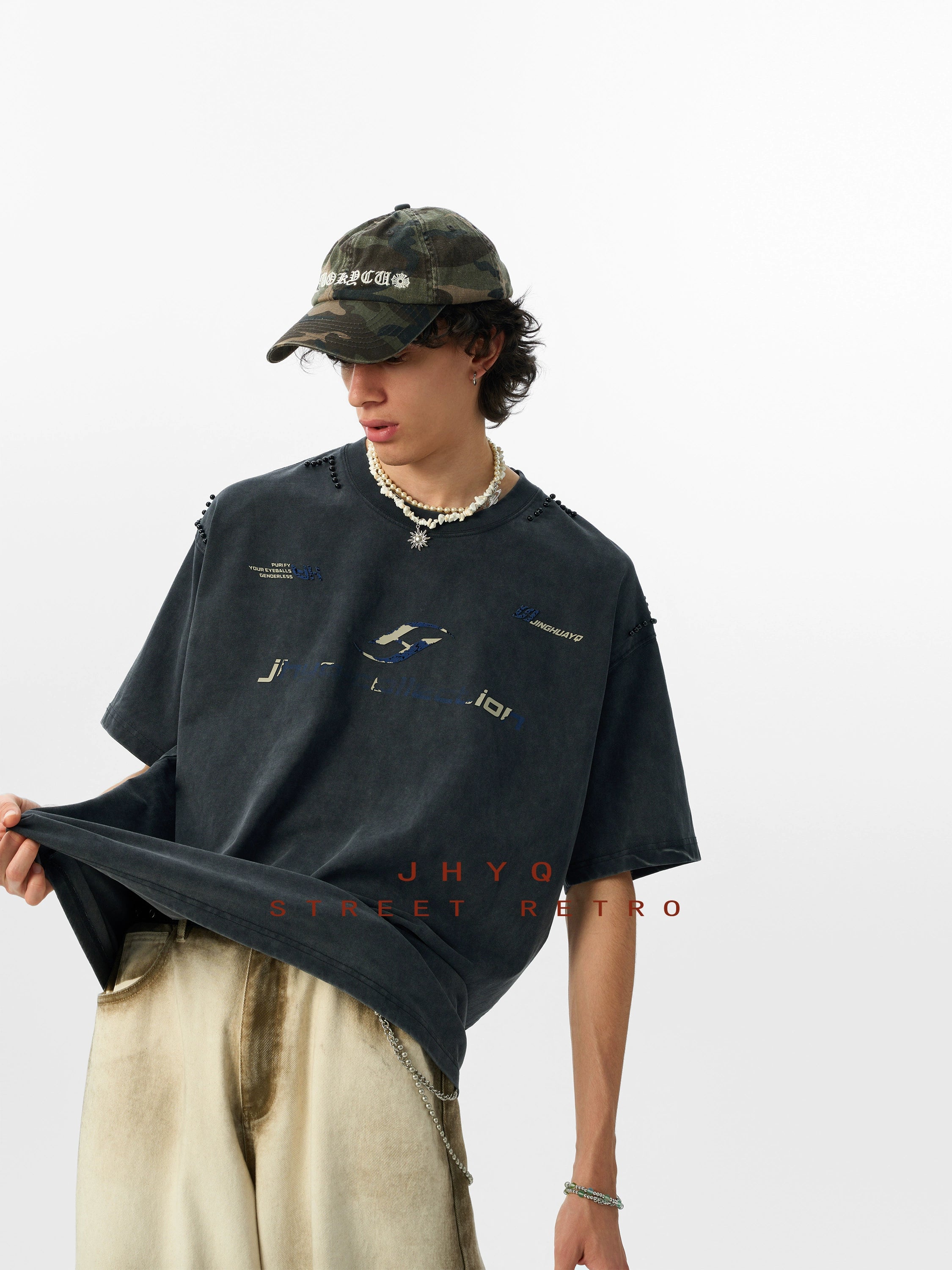 【水洗系列】JHYQ美式280g破坏字母印花钉珠短袖t恤男宽松潮嘻哈