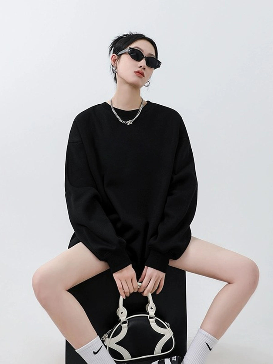 ICH MODE 美式圆领灰色卫衣女秋冬新款宽松慵懒纯色套头外套上衣