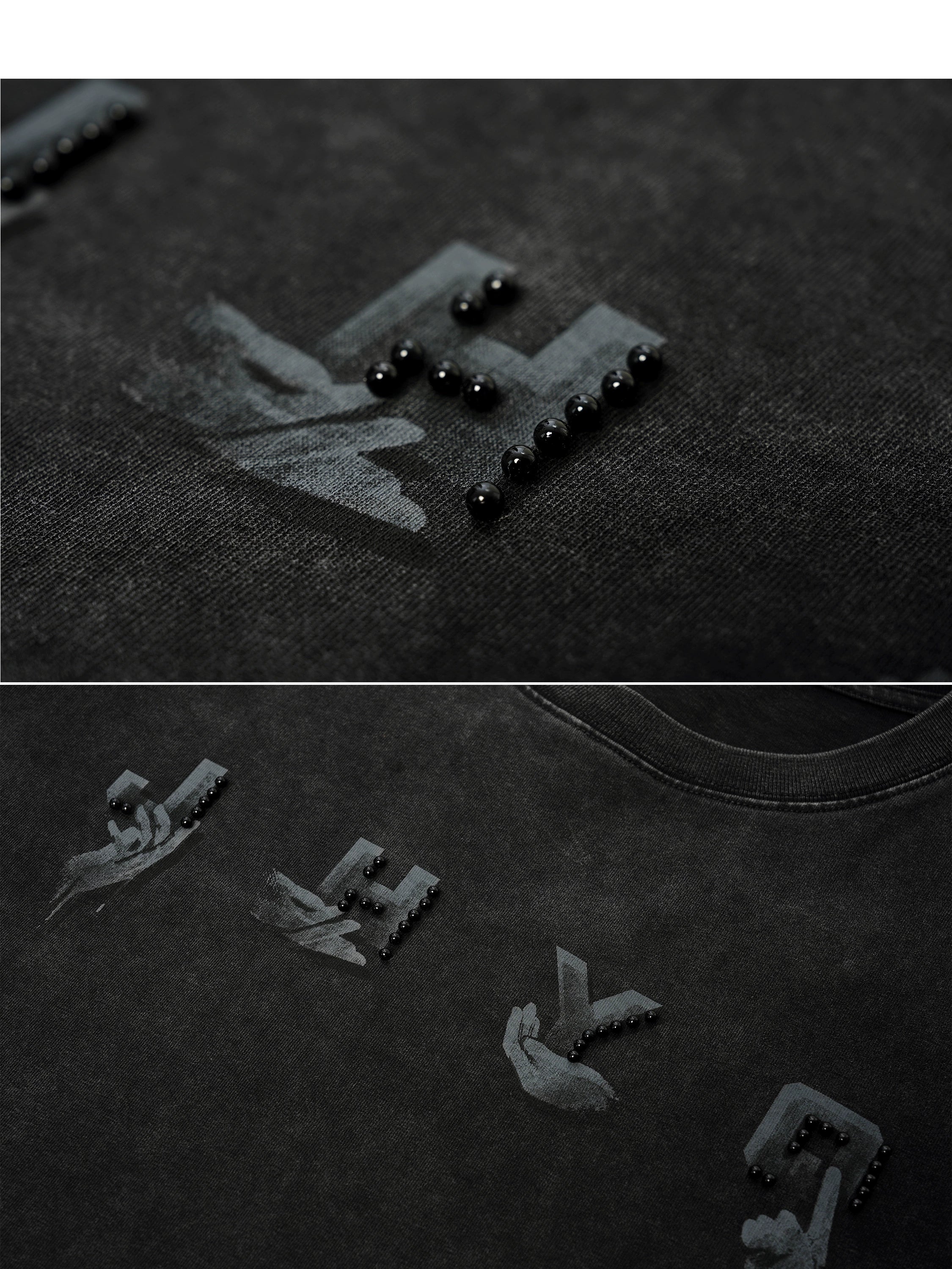 【创意手势】JHYQ美式320g复古水洗钉珠长袖T恤男宽松休闲卫衣男