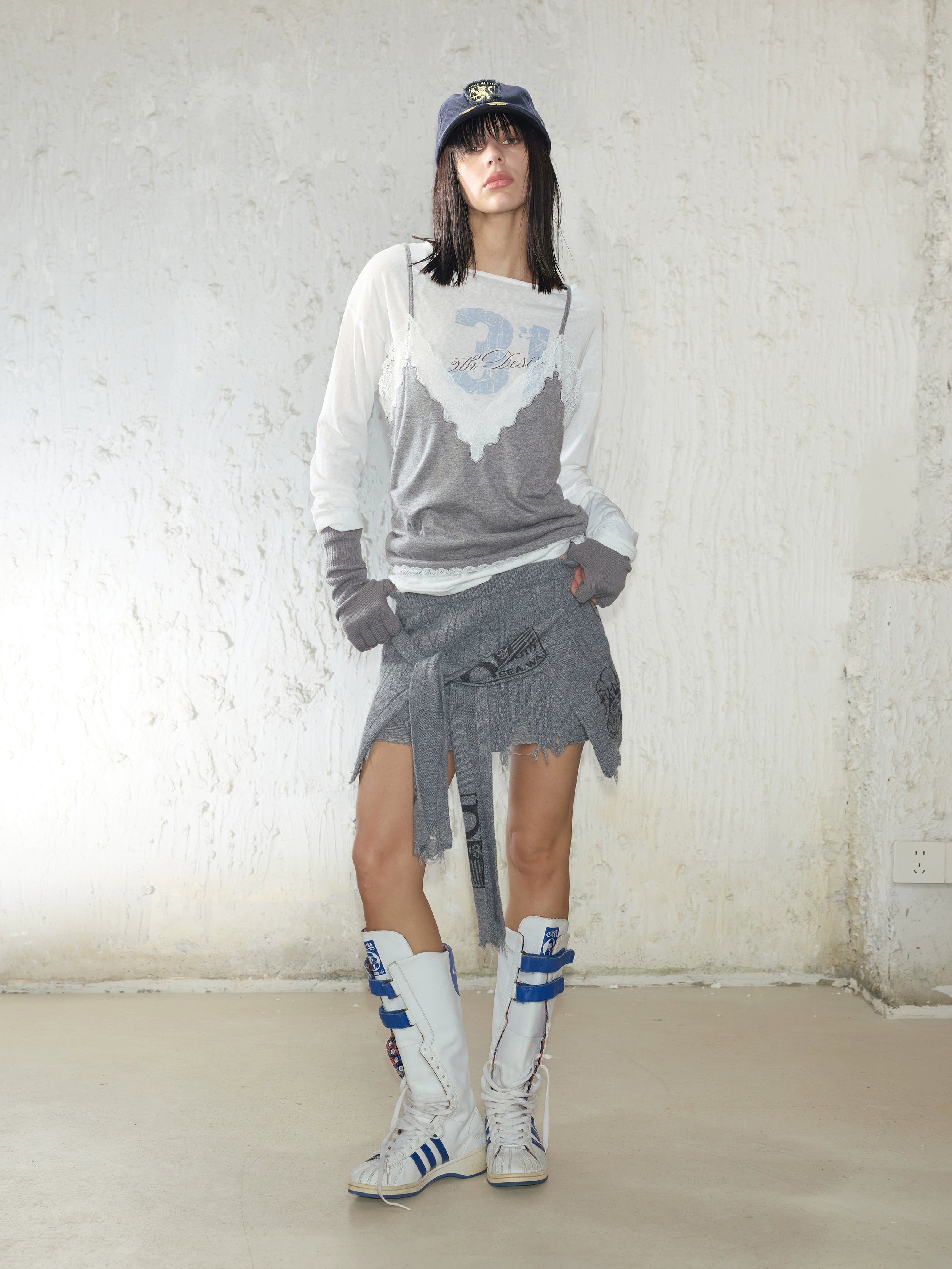 2th Desire原创独特印花街头风不规则绑带设计麻花针织短款半身裙