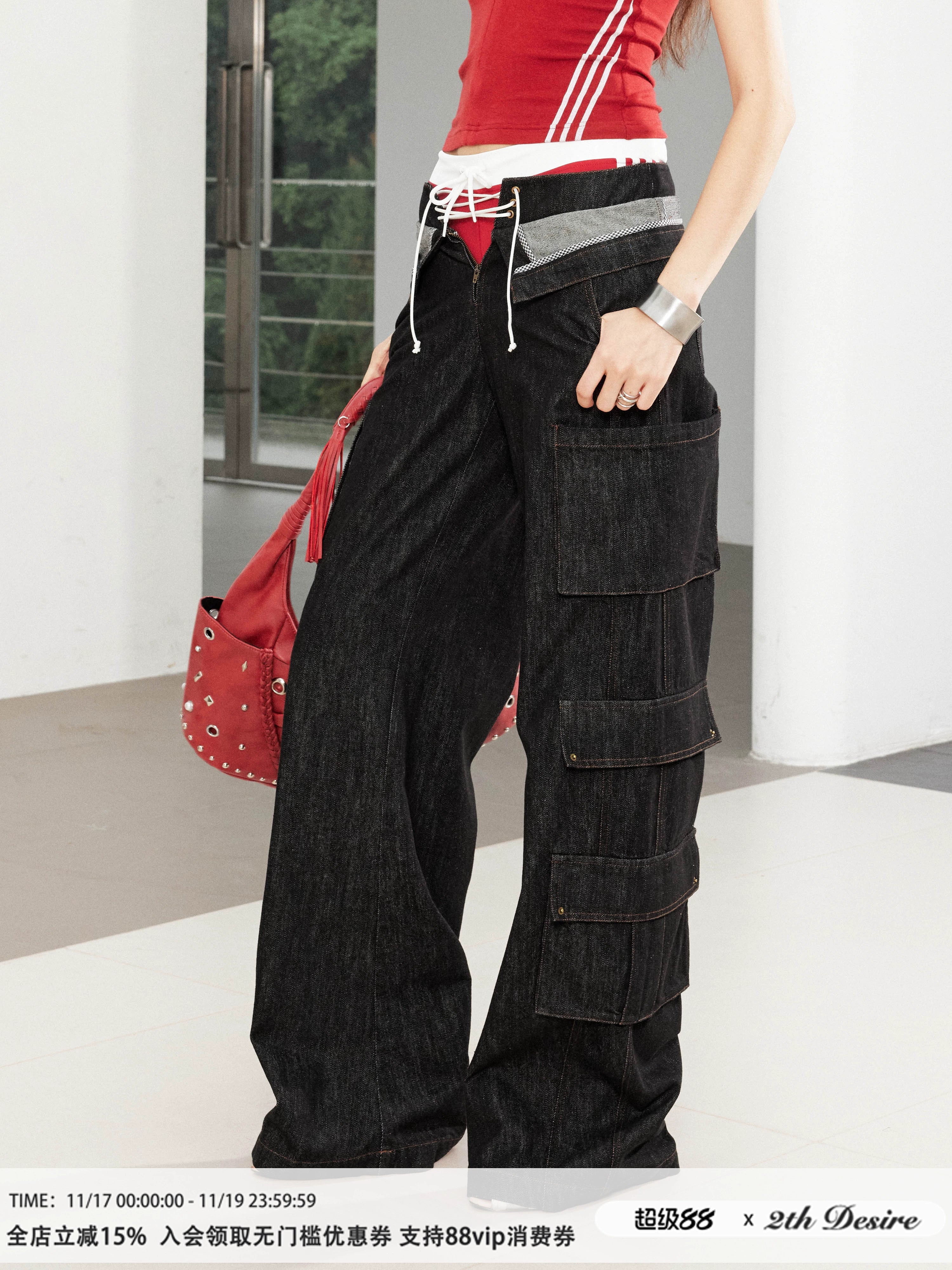 2th Desire美式复古多口袋立体双腰头剪裁低腰弯刀工装直筒牛仔裤