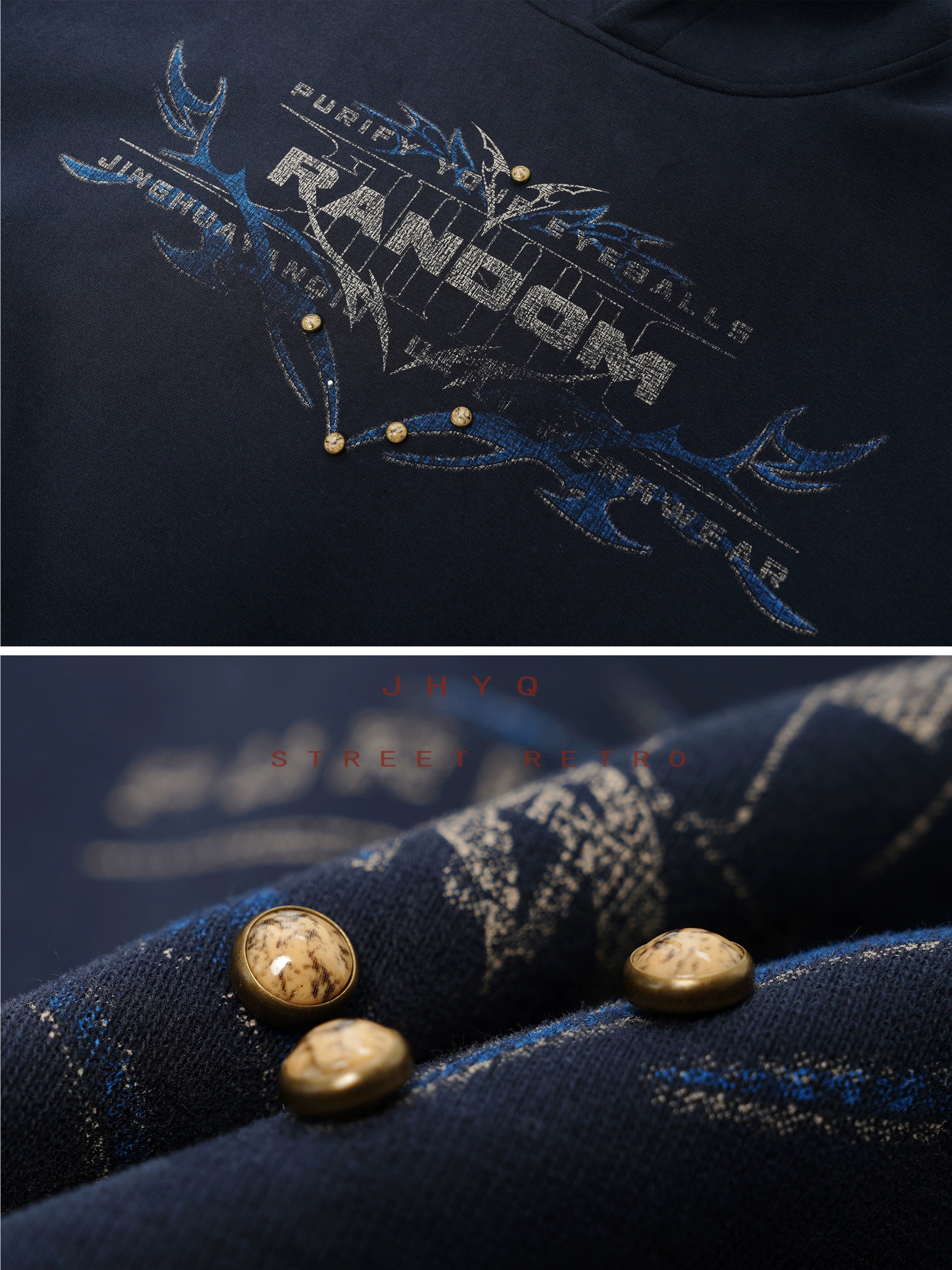 狐狸轮廓丨JHYQ美式复古铆钉字母印花连帽卫衣男秋季宽松休闲帽衫