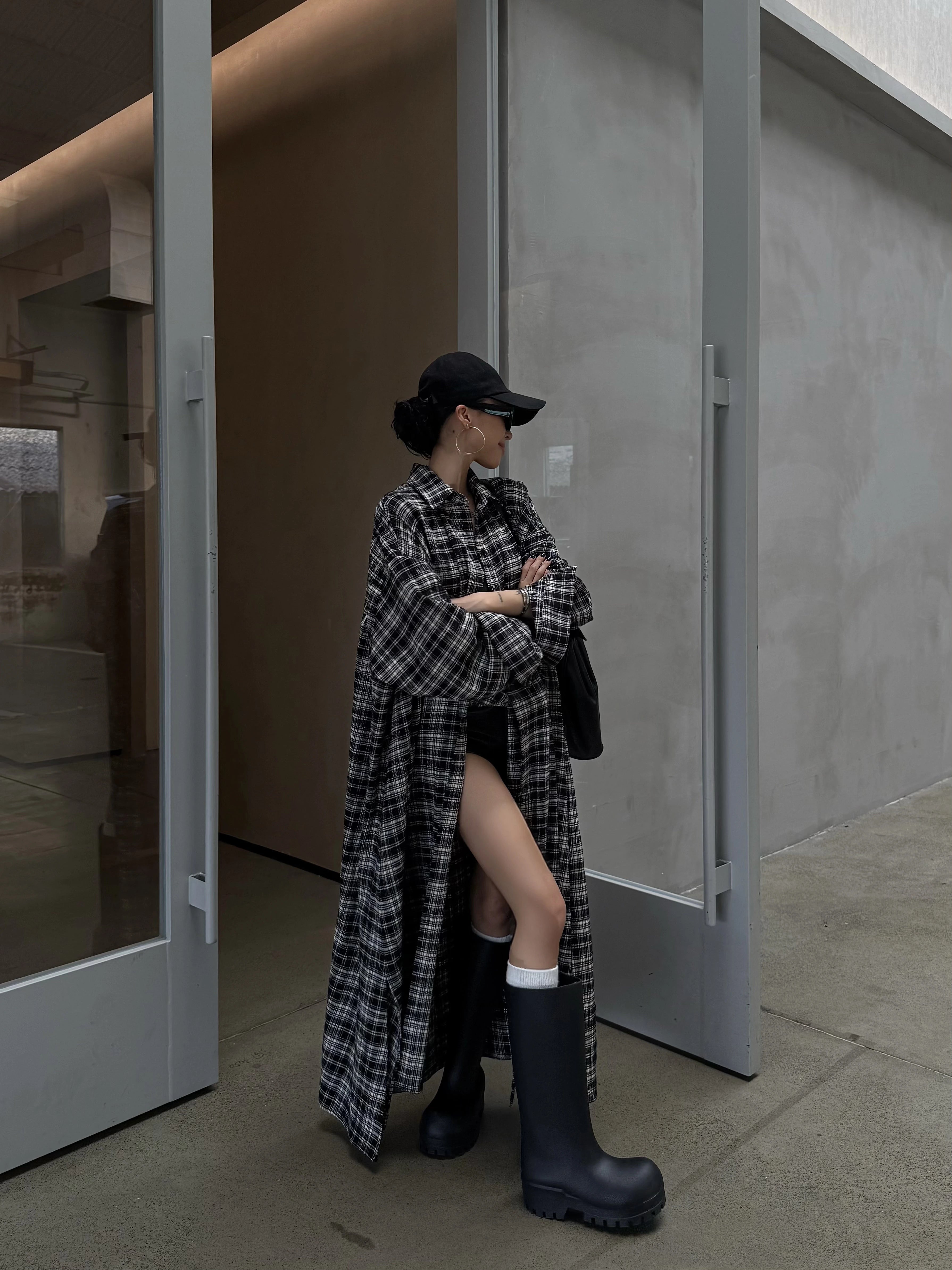 野生zero 格纹长款廓形衬衫女秋季新款美式复古磨毛休闲宽松外套