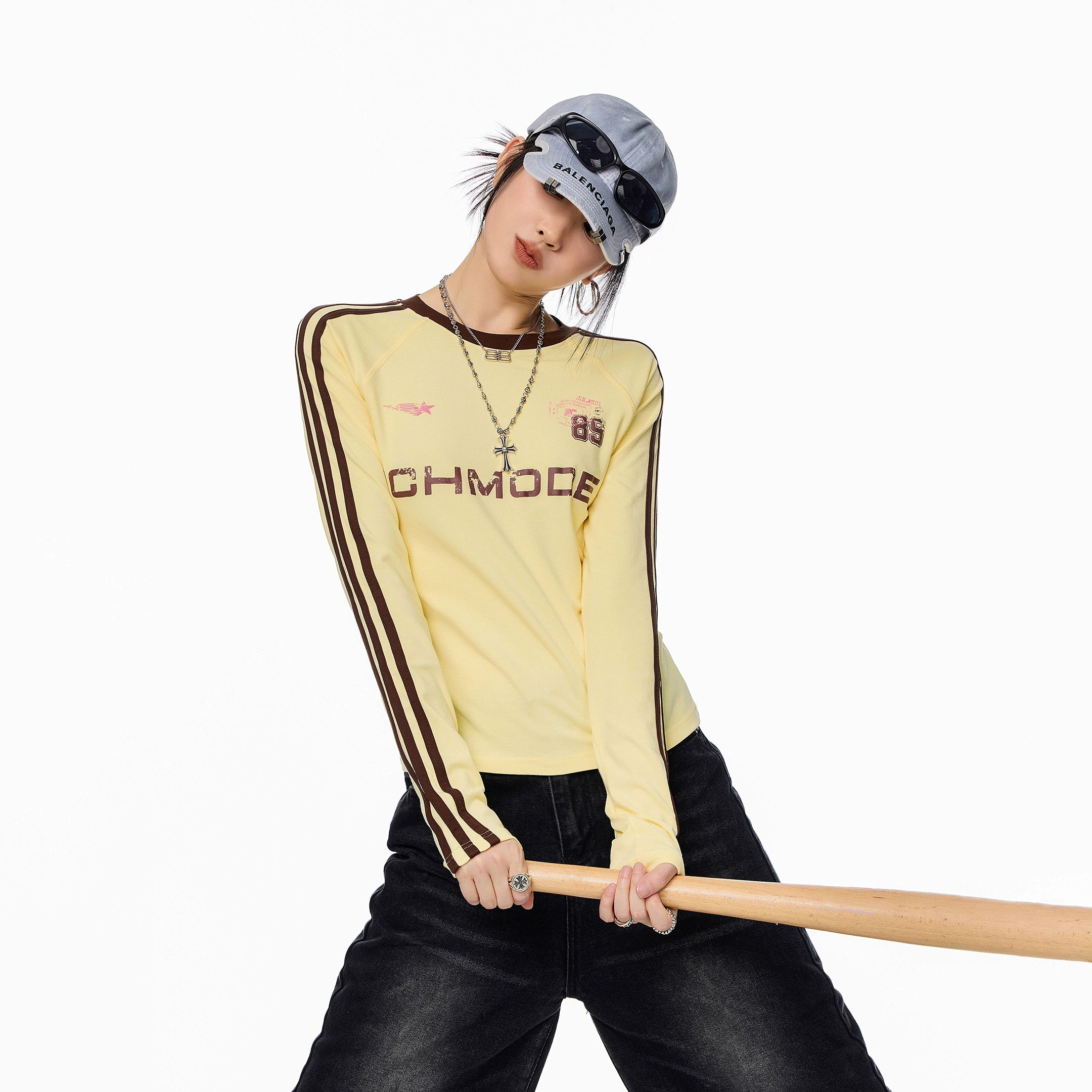 ICH MODE 美式复古正肩长袖T恤女秋冬新款修身运动正肩上衣打底衫