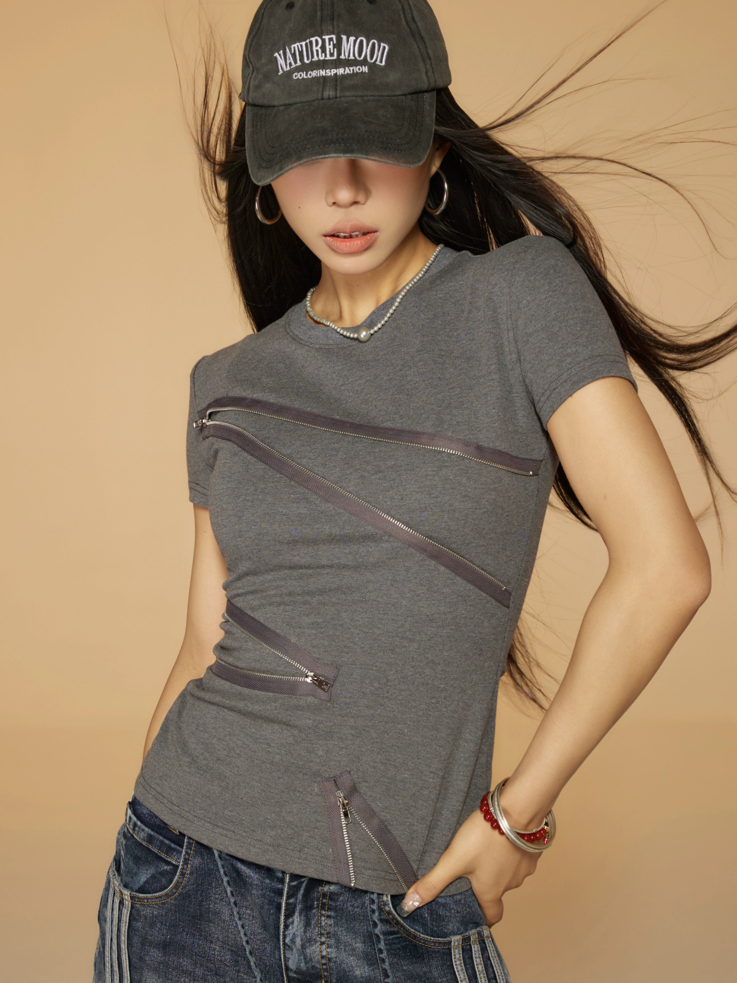 野生zerocircle 黑灰色正肩短袖t恤女夏季辣妹修身设计感拉链上衣