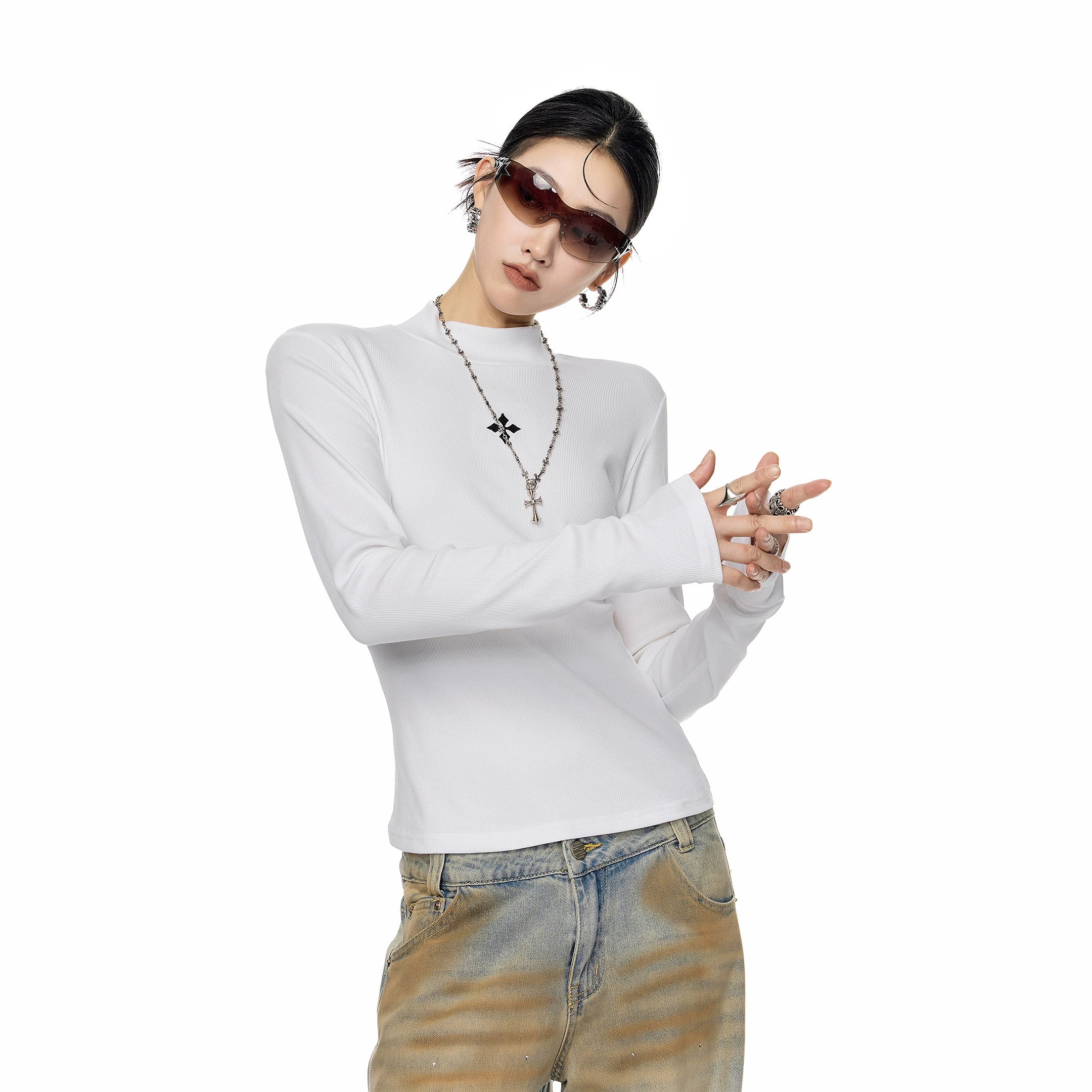 ICH MODE 美式复古修身长袖T恤女秋冬内搭打底衫修身圆领正肩上衣