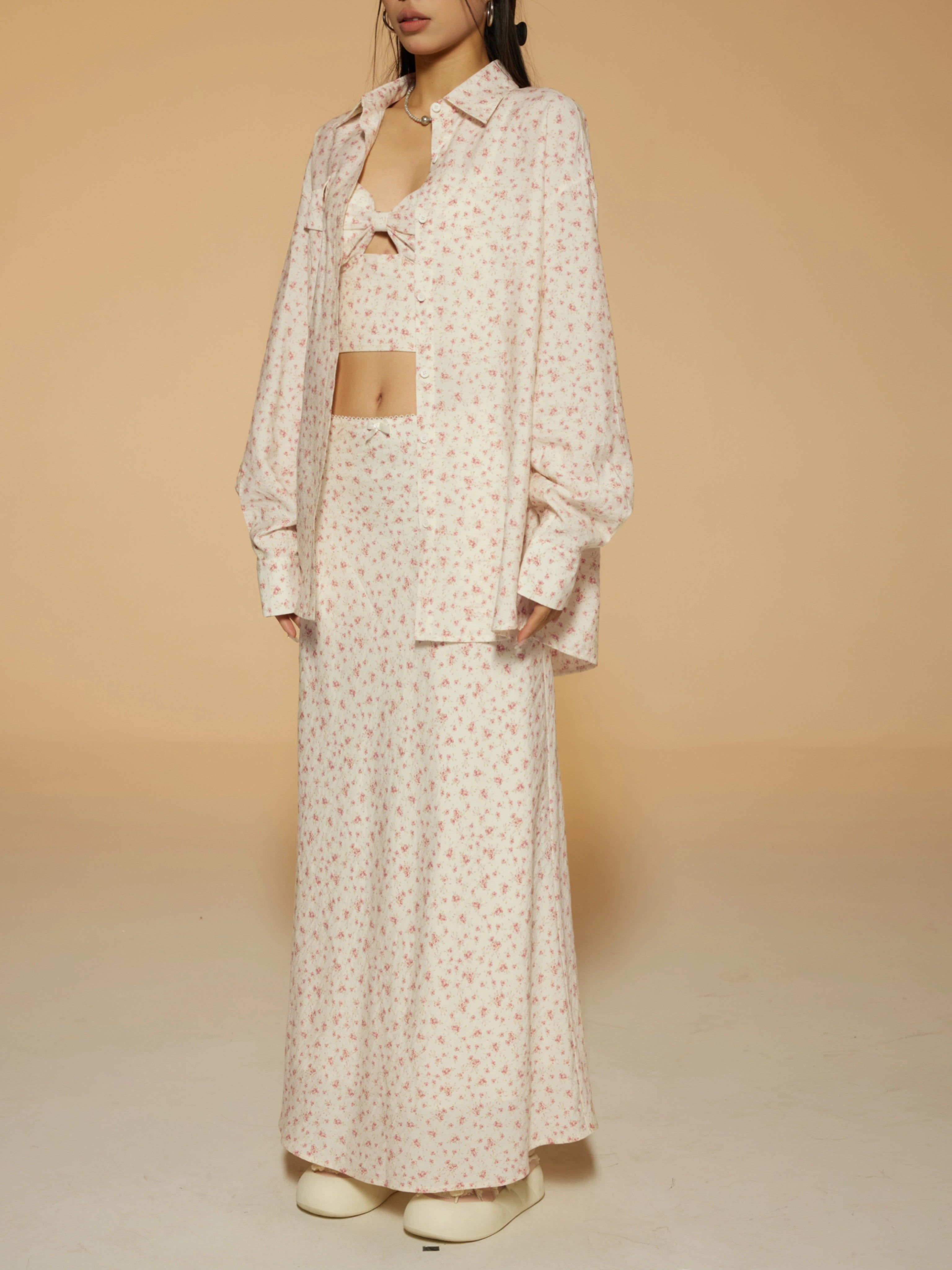 野生zerocircle 碎花衬衫三件套装裙女春夏吊带背心显瘦a字长裙子