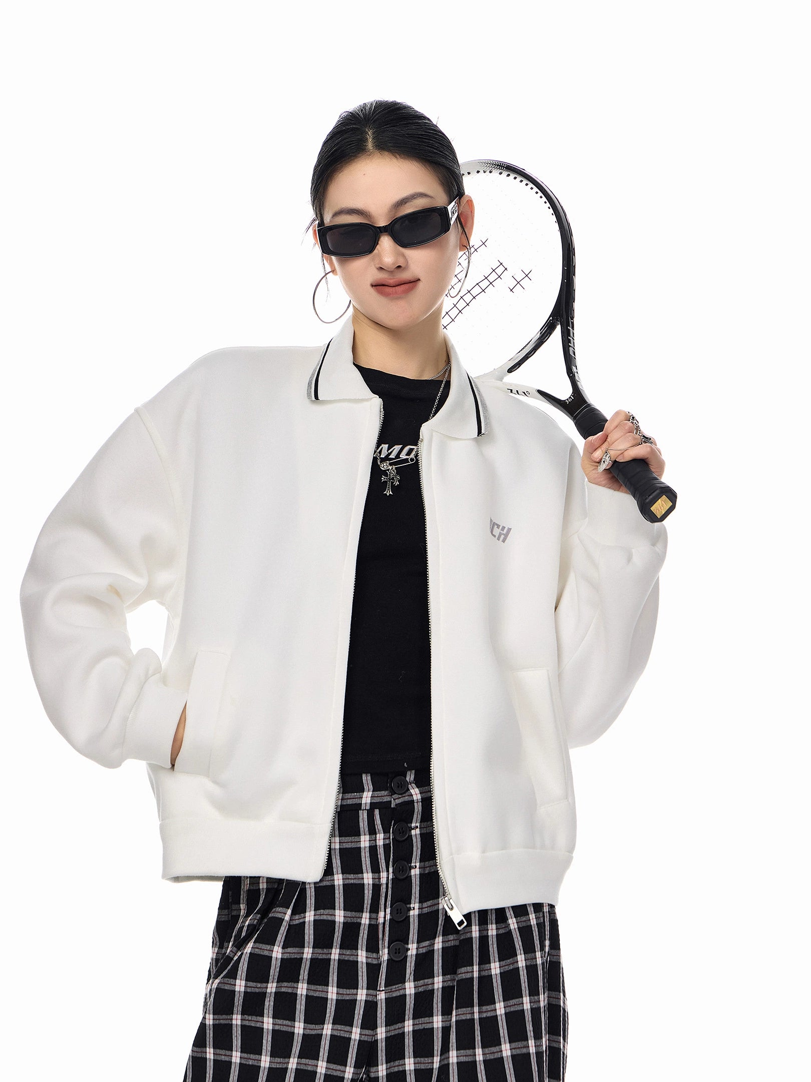 ICH MODE 美式复古刺绣翻领短款外套女2025新款秋季运动开衫上衣