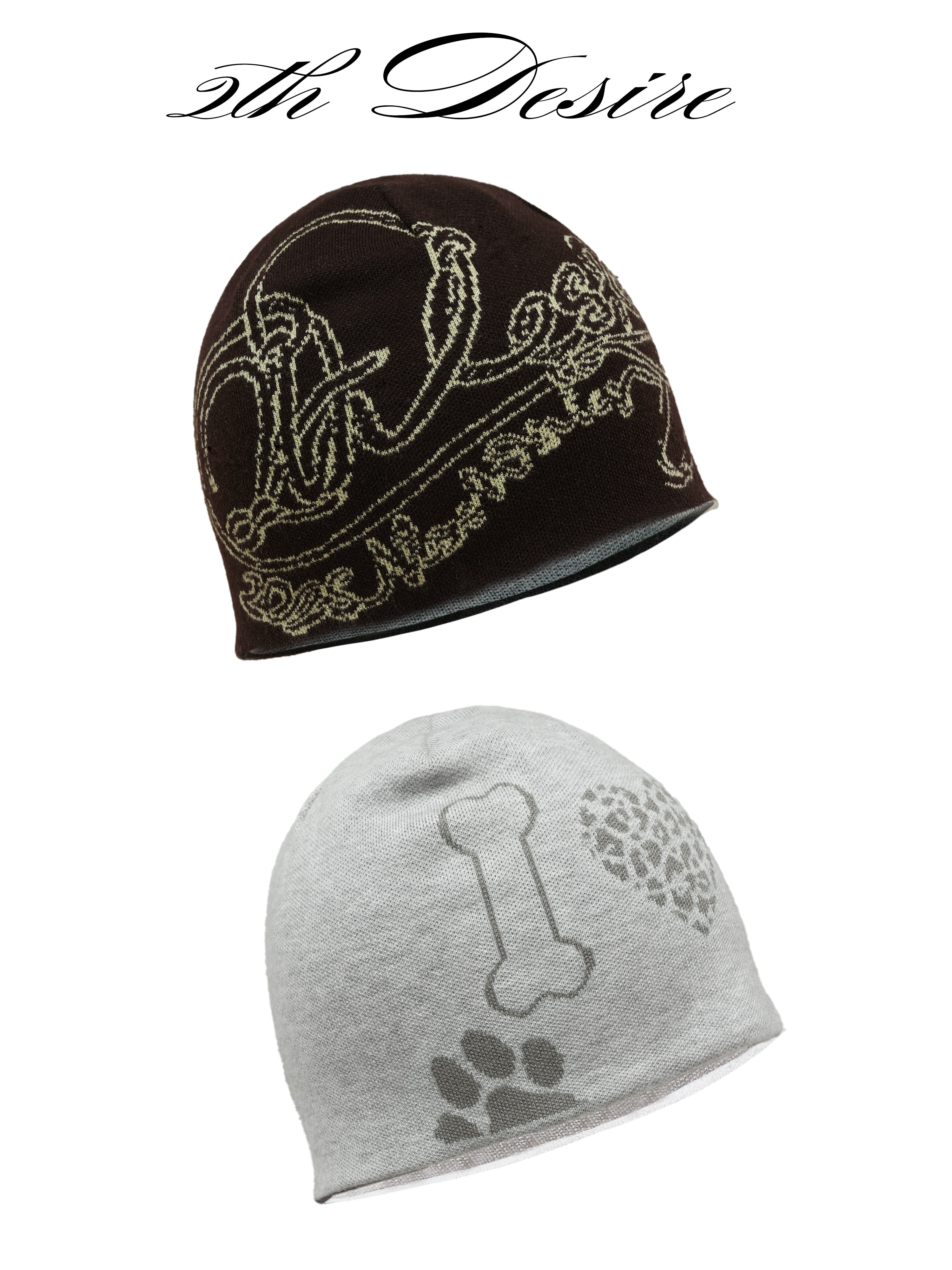 2th Desire设计感撞色印花双面戴针织毛线帽冬季保暖包头帽冷帽