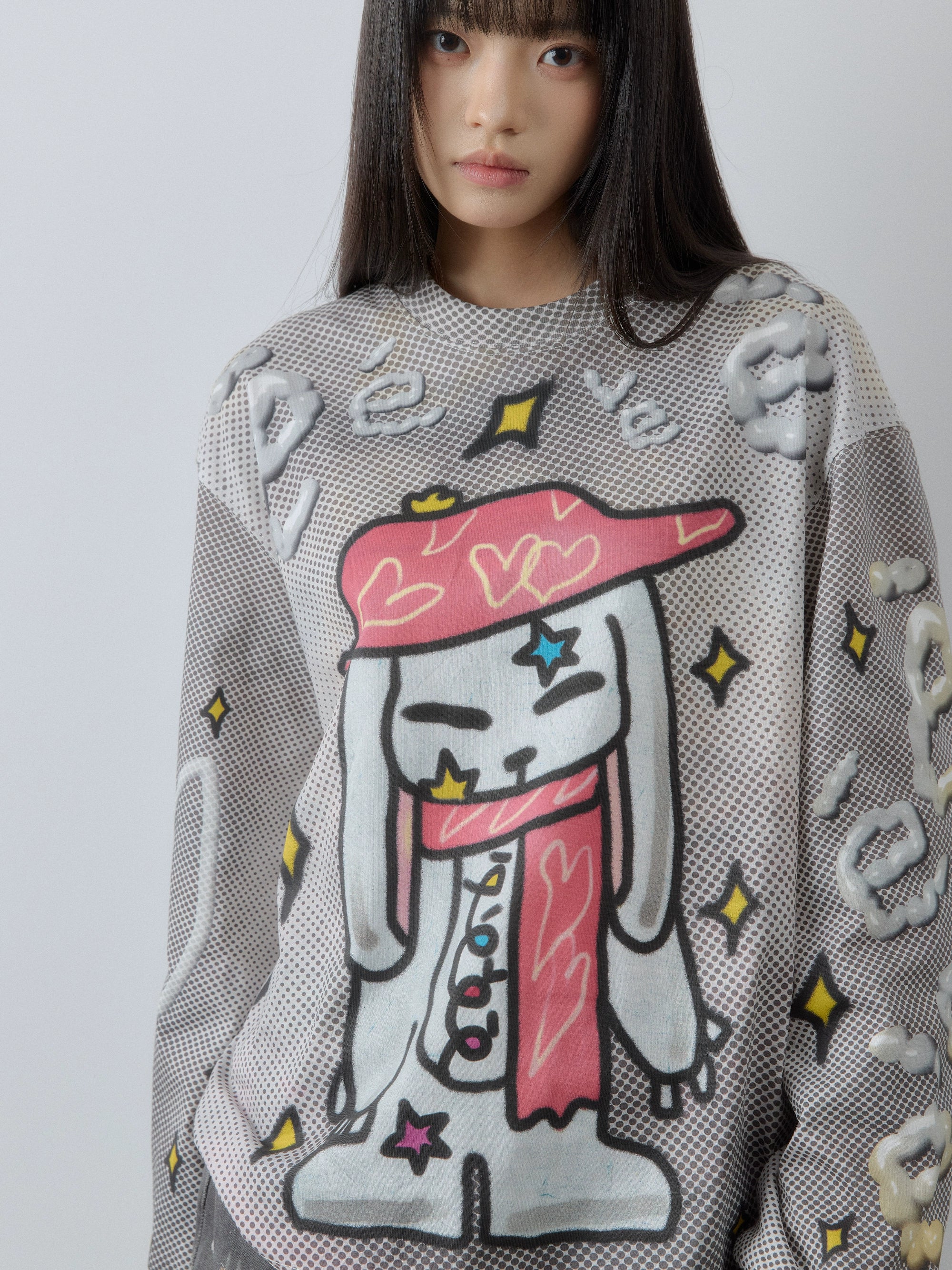 “礼帽兔子”| eeee设计感手绘涂鸦插画T恤3D字母满印波点长袖TEE