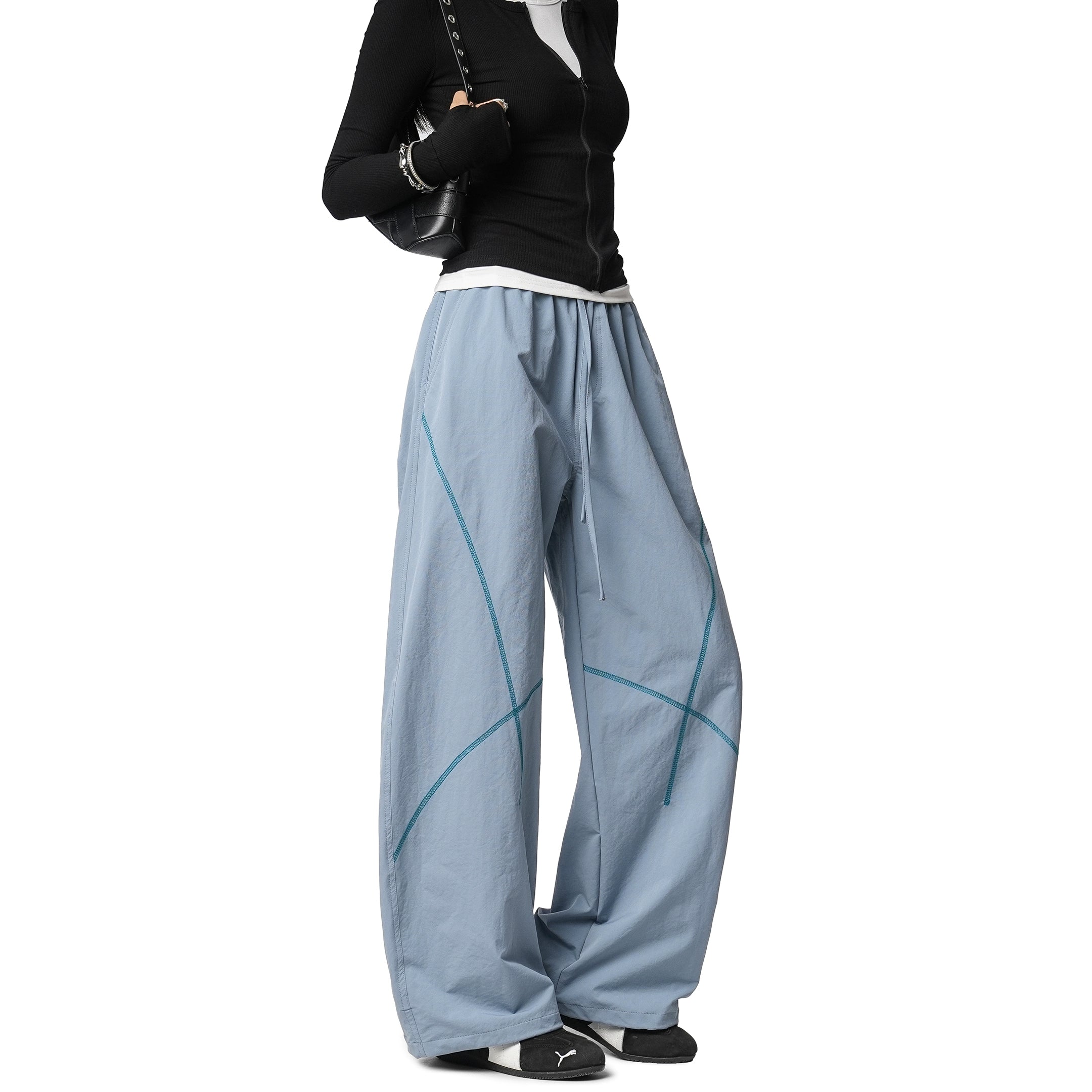 ICH MODE 美式复古户外哈苏线休闲裤女宽松弯刀裤阔腿直筒运动裤