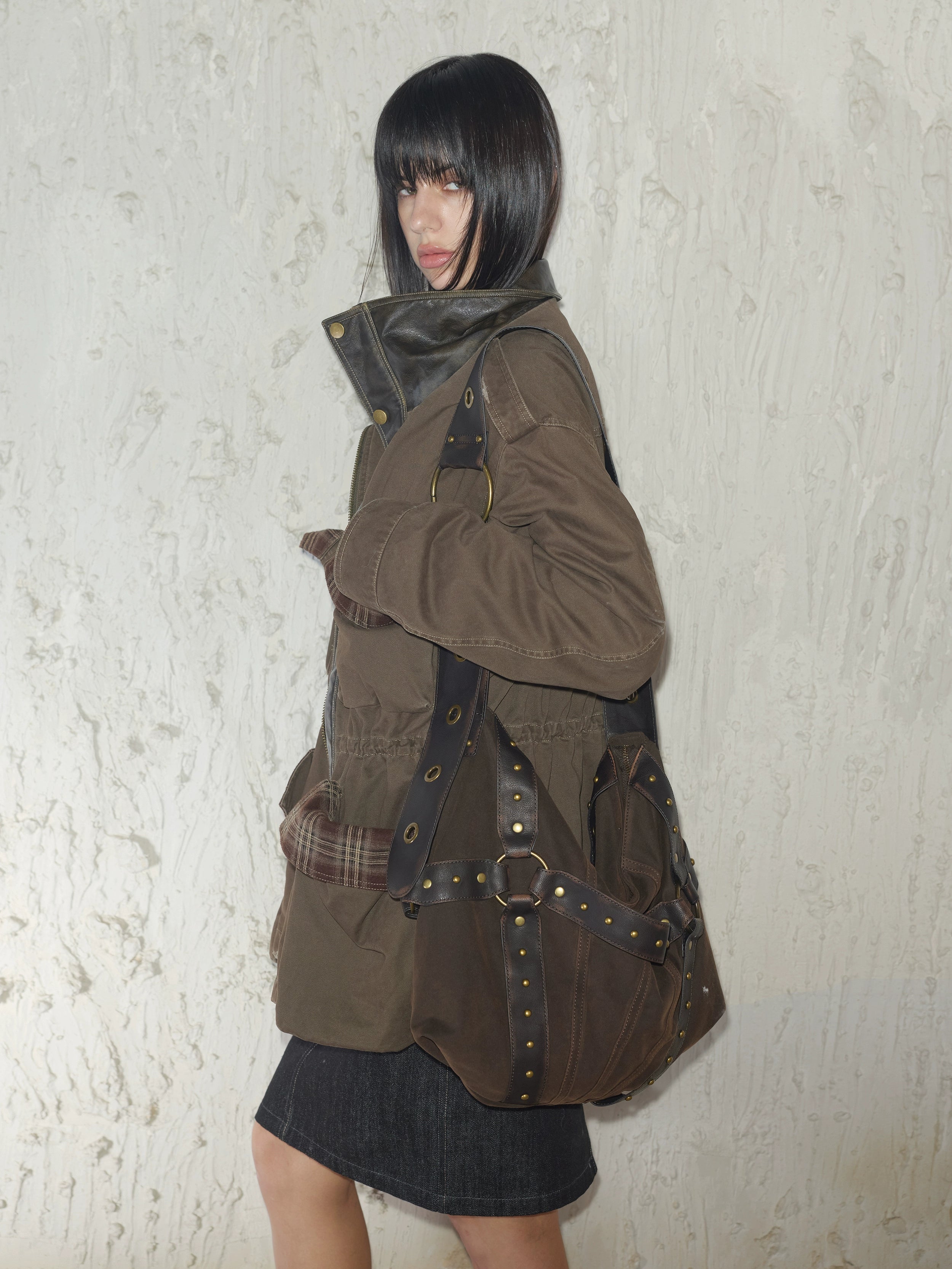 2th Desire重工做旧磨破复古拼色拉链中长款立体口袋工装风衣外套